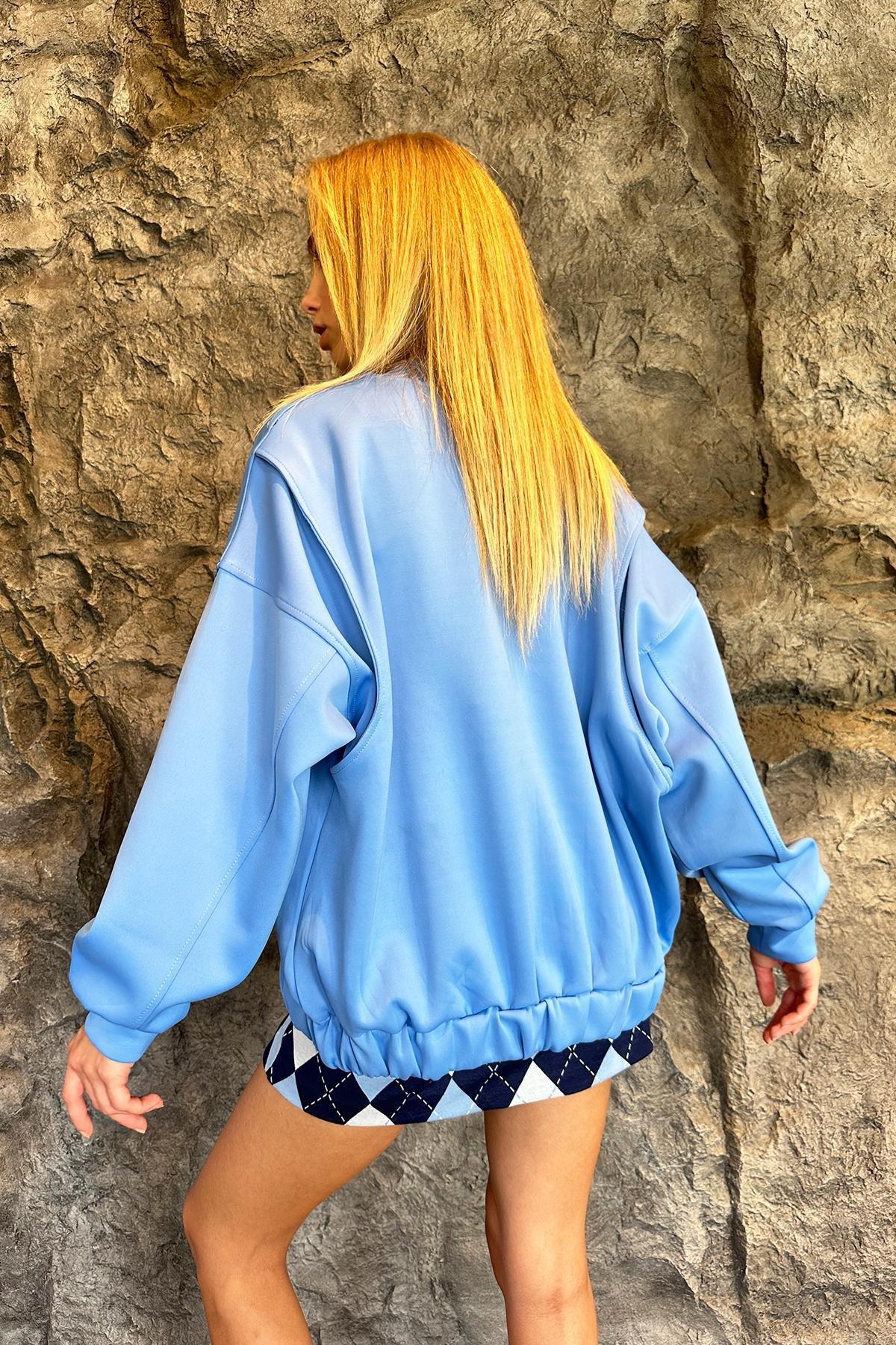Womens Aviator Blue Double Pocket Zippered Custom Stitched Bomber Oversize College Jacket ALC-X10890, single, , large image number 4
