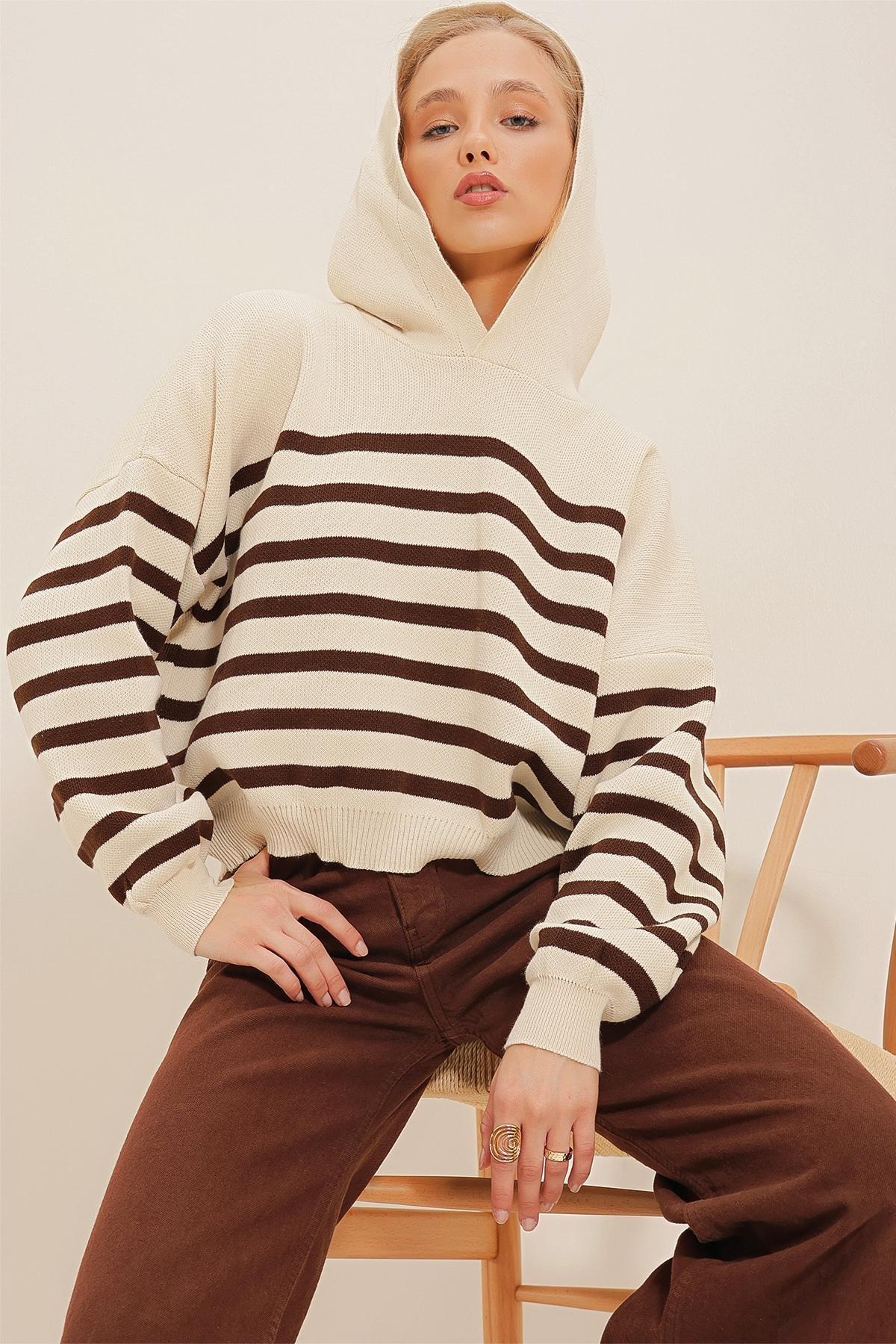 Brown Hooded Striped Winter Knitted Sweater, , large image number 0