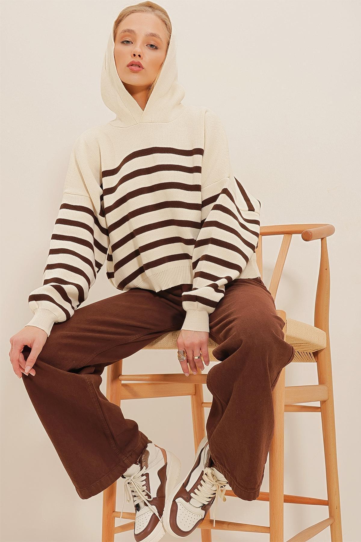 Brown Hooded Striped Winter Knitted Sweater, , large image number 1