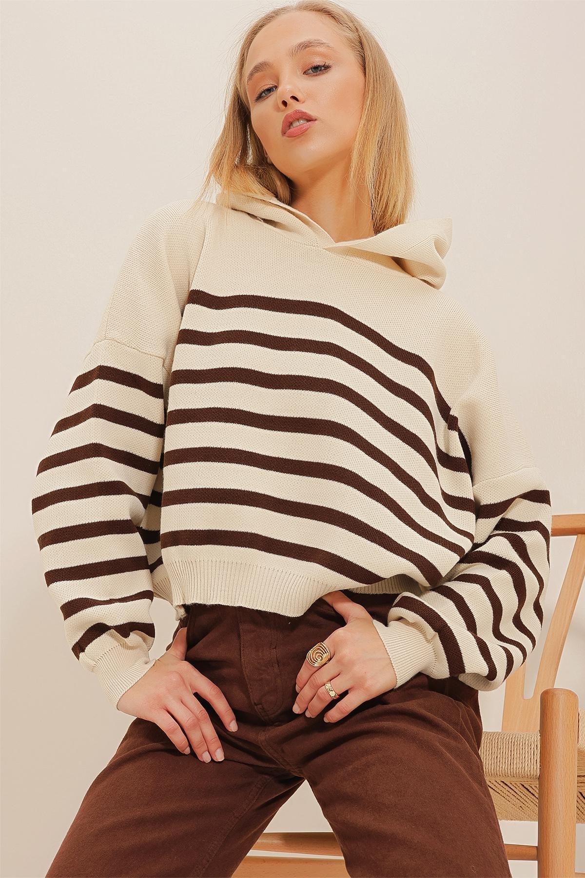 Brown Hooded Striped Winter Knitted Sweater, , large image number 2