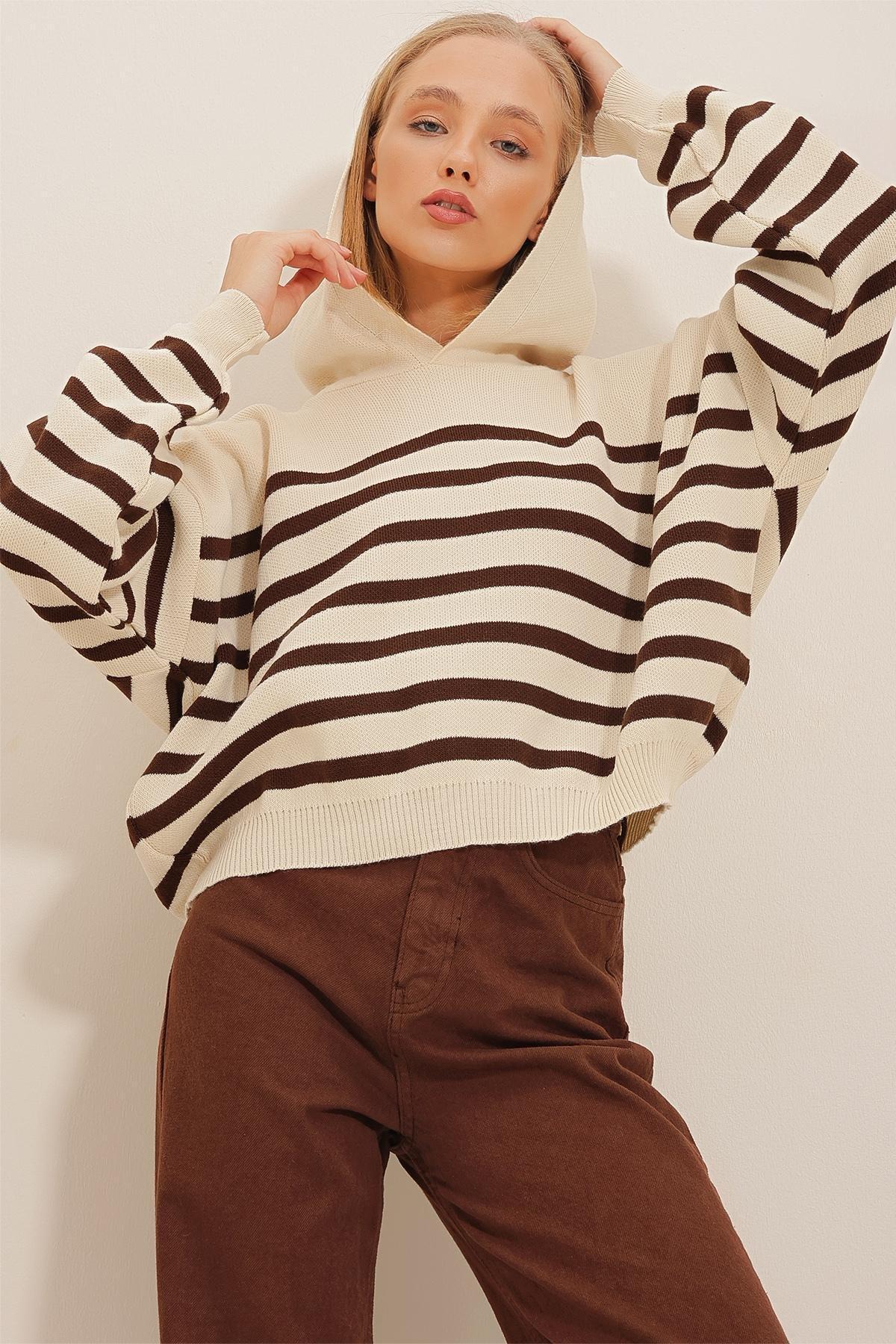 Brown Hooded Striped Winter Knitted Sweater, , large image number 3