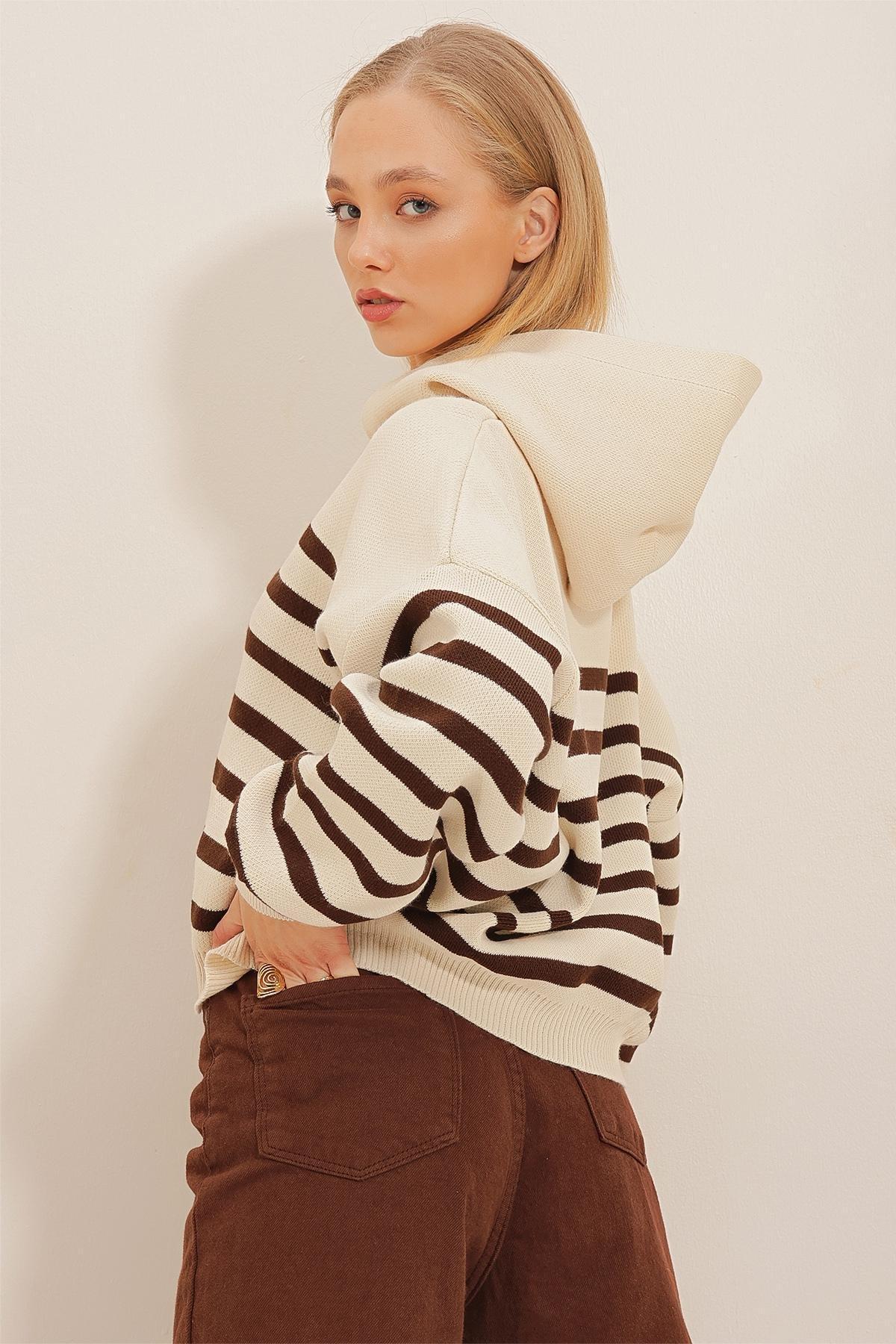 Brown Hooded Striped Winter Knitted Sweater, , large image number 4