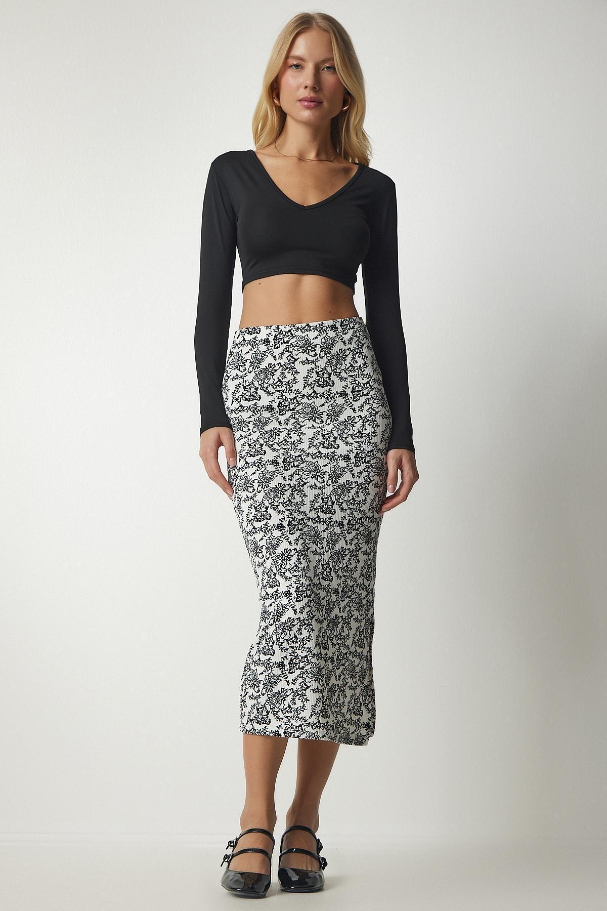 تنورة بفتحة ونمط منقوش، ألوان متعددة, BLACK WHITE, large image number 2