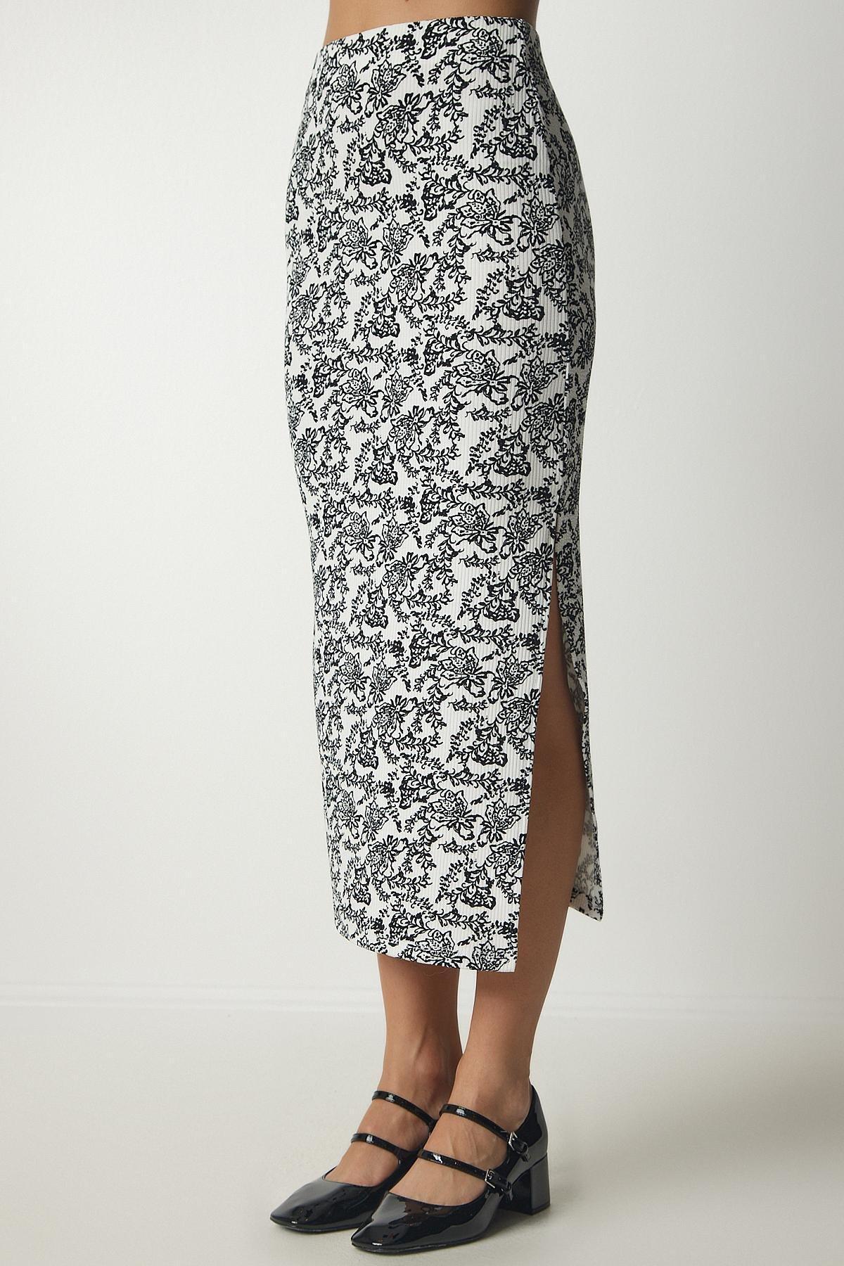 تنورة بفتحة ونمط منقوش، ألوان متعددة, BLACK WHITE, large image number 4