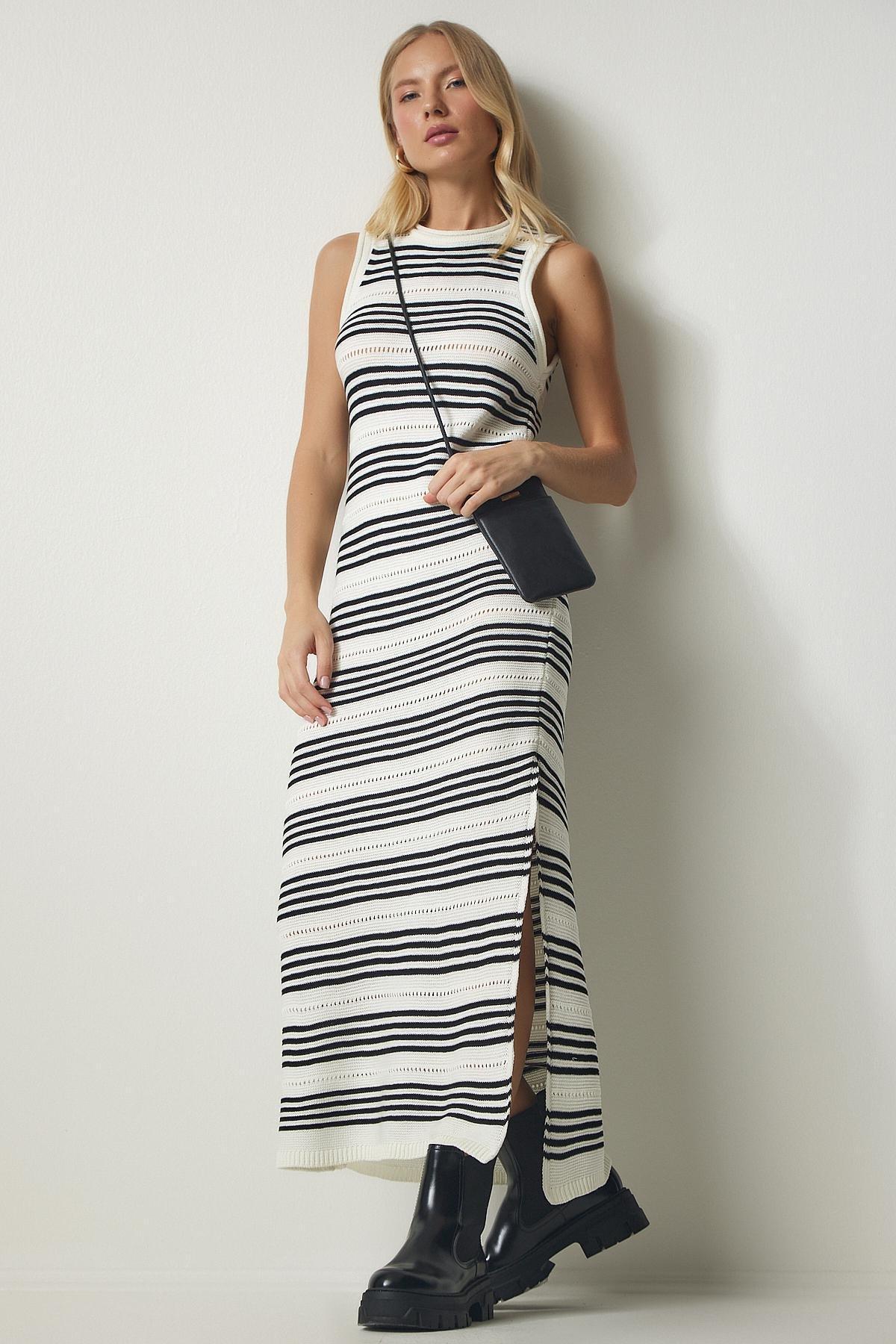 White Striped Halter Neck Sweater Dress, , large image number 1
