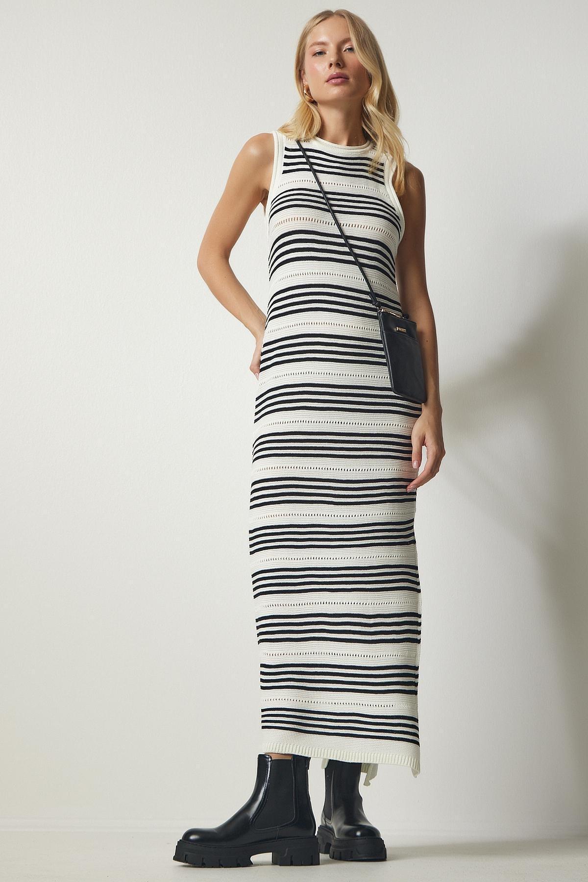 White Striped Halter Neck Sweater Dress, , large image number 2