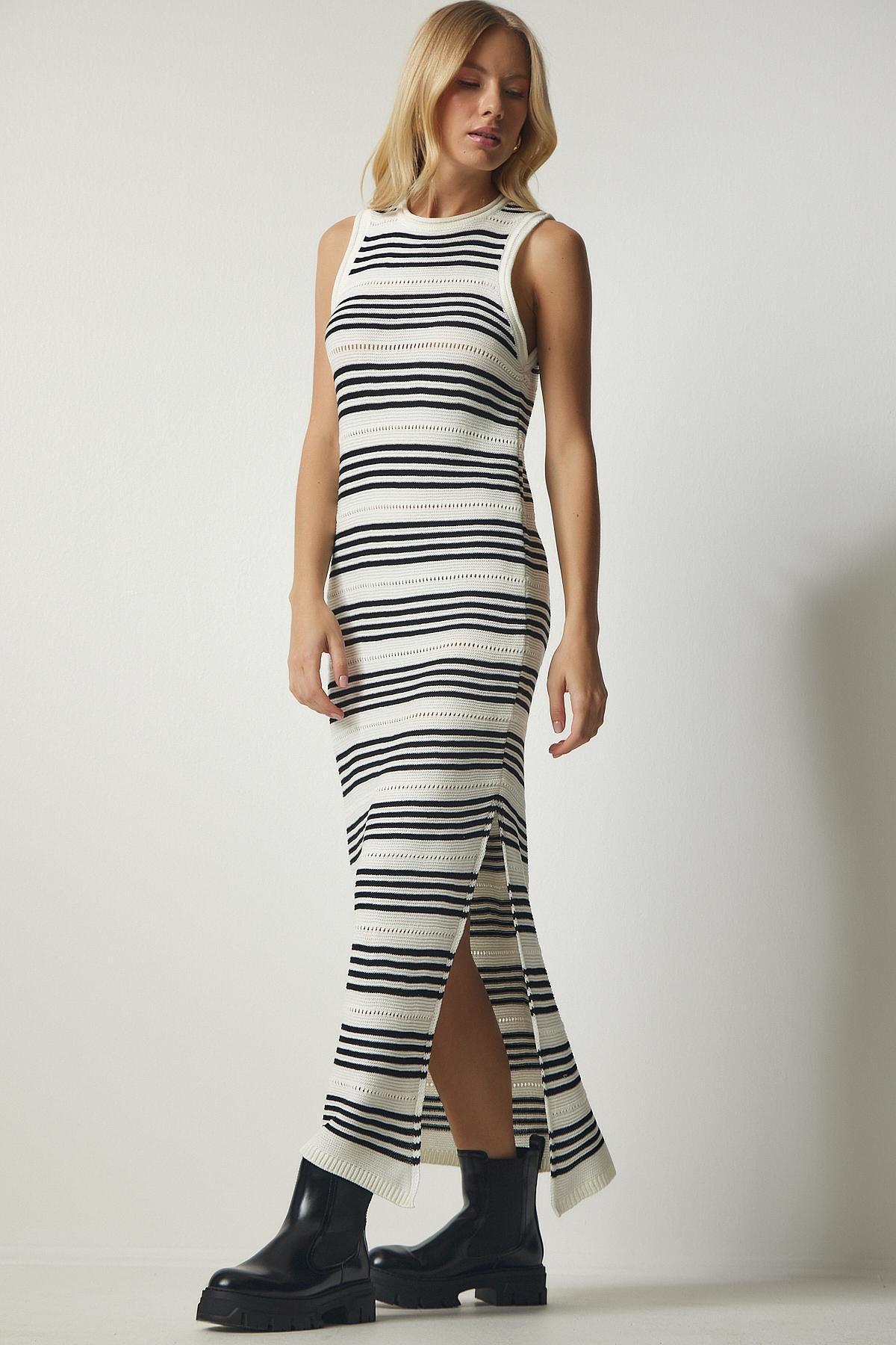 White Striped Halter Neck Sweater Dress, , large image number 3