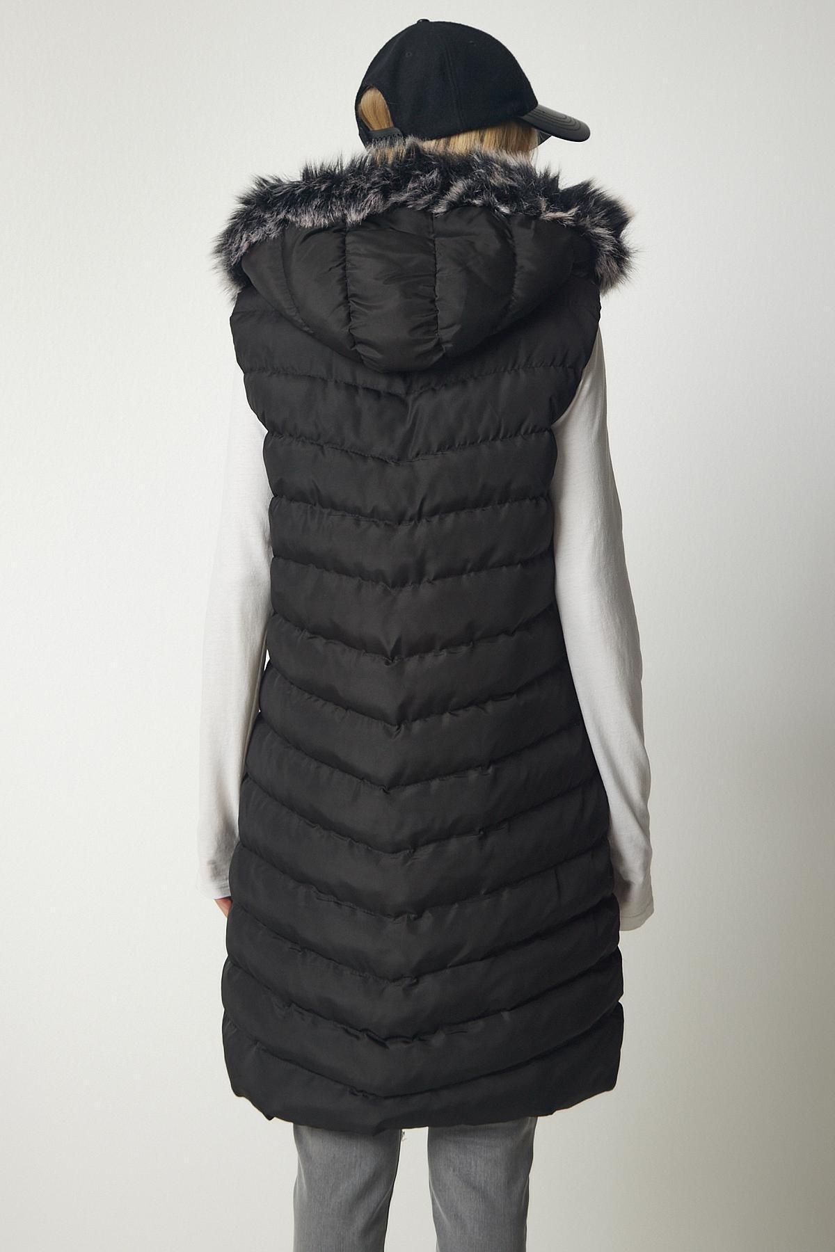 Happiness Istanbul - Black Furry Hooded Long Inflatable Vest