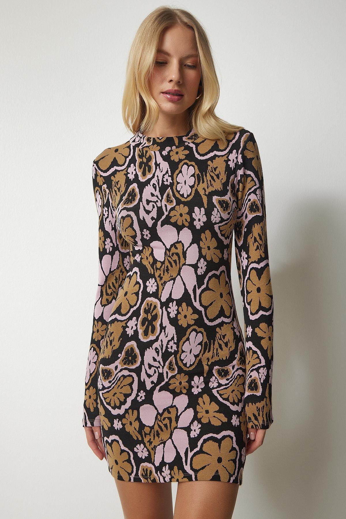 Multicolour Patterned Mini Knitwear Dress, Black Pink, large image number 1