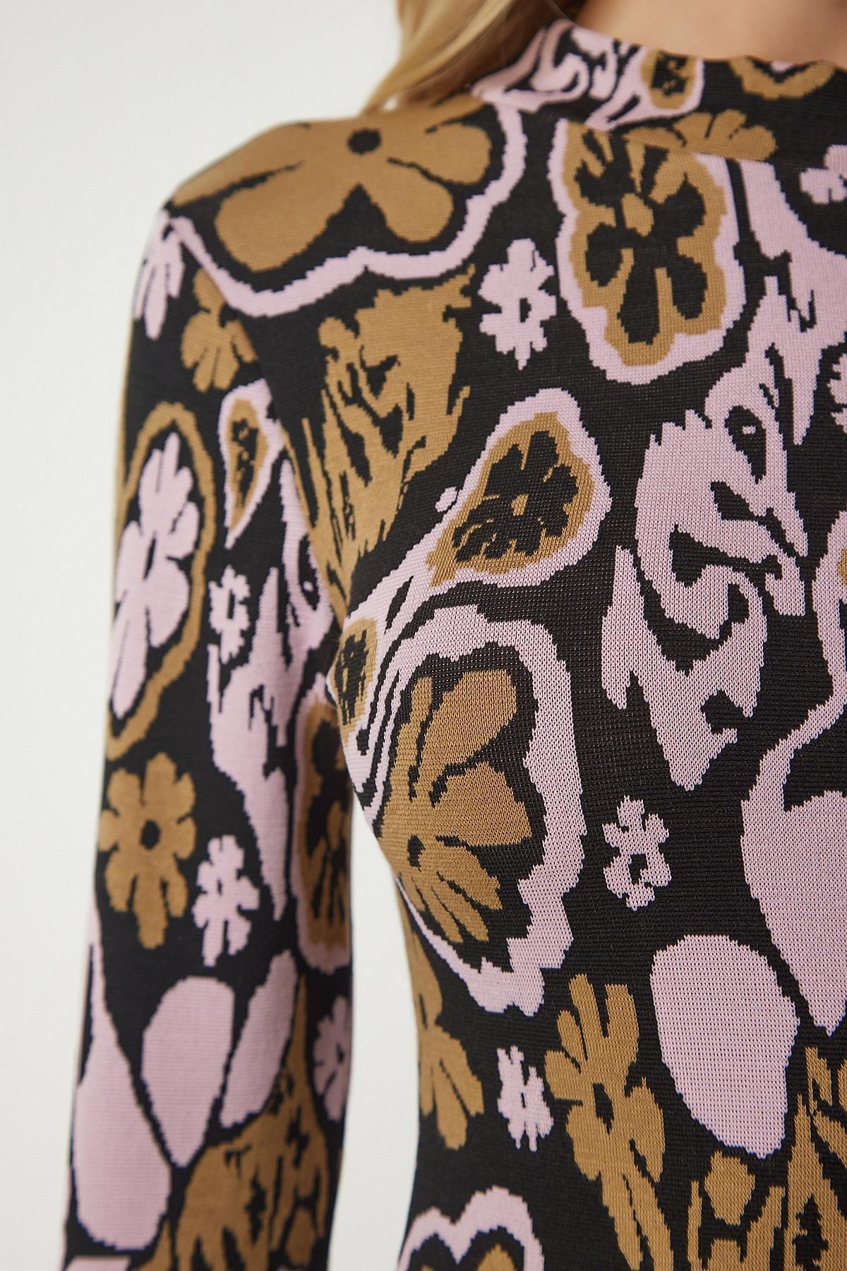 Multicolour Patterned Mini Knitwear Dress, Black Pink, large image number 4