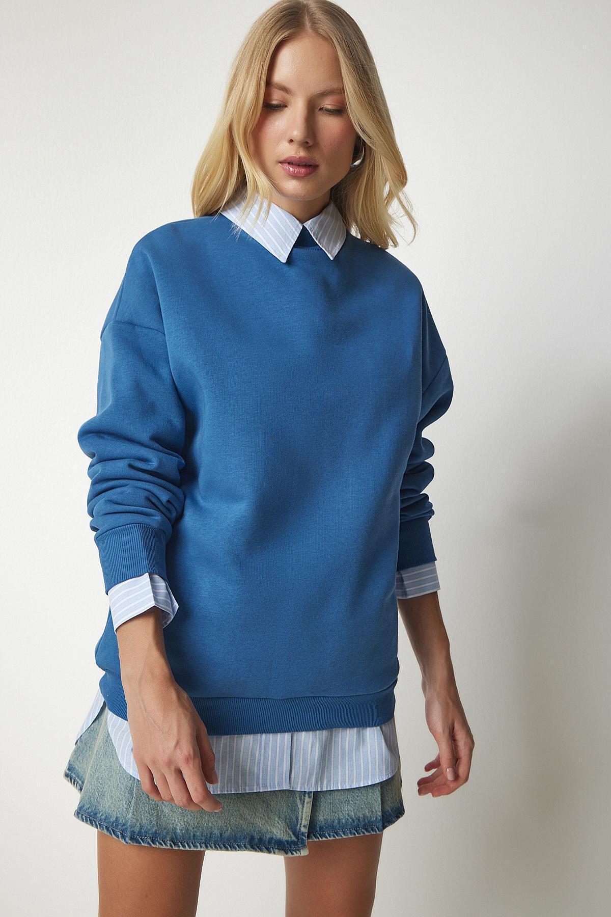 Blue Stand-Up Collar Basic Shark Sweatshirt, , large image number 1