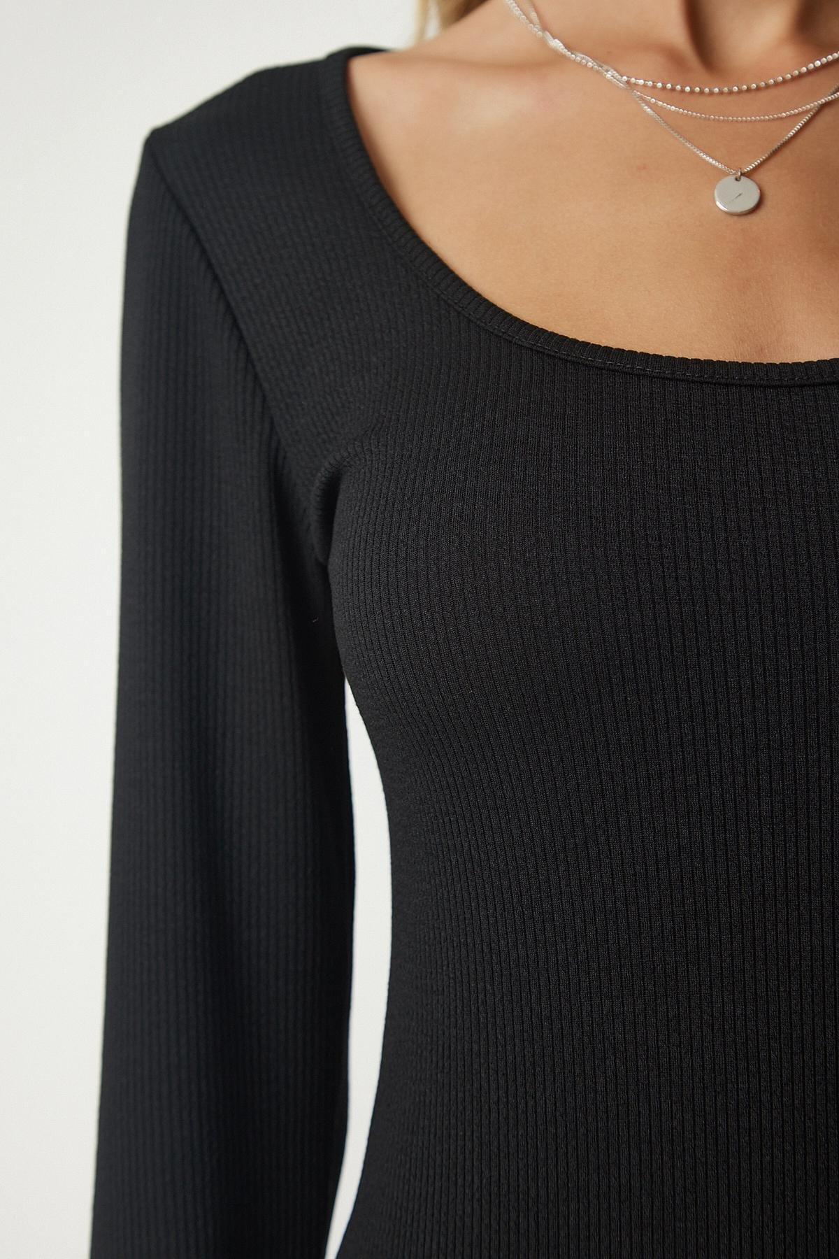 فستان متوسط الطول بحمالات وفتحة رقبة U عميقة، أسود, BLACK, large image number 3