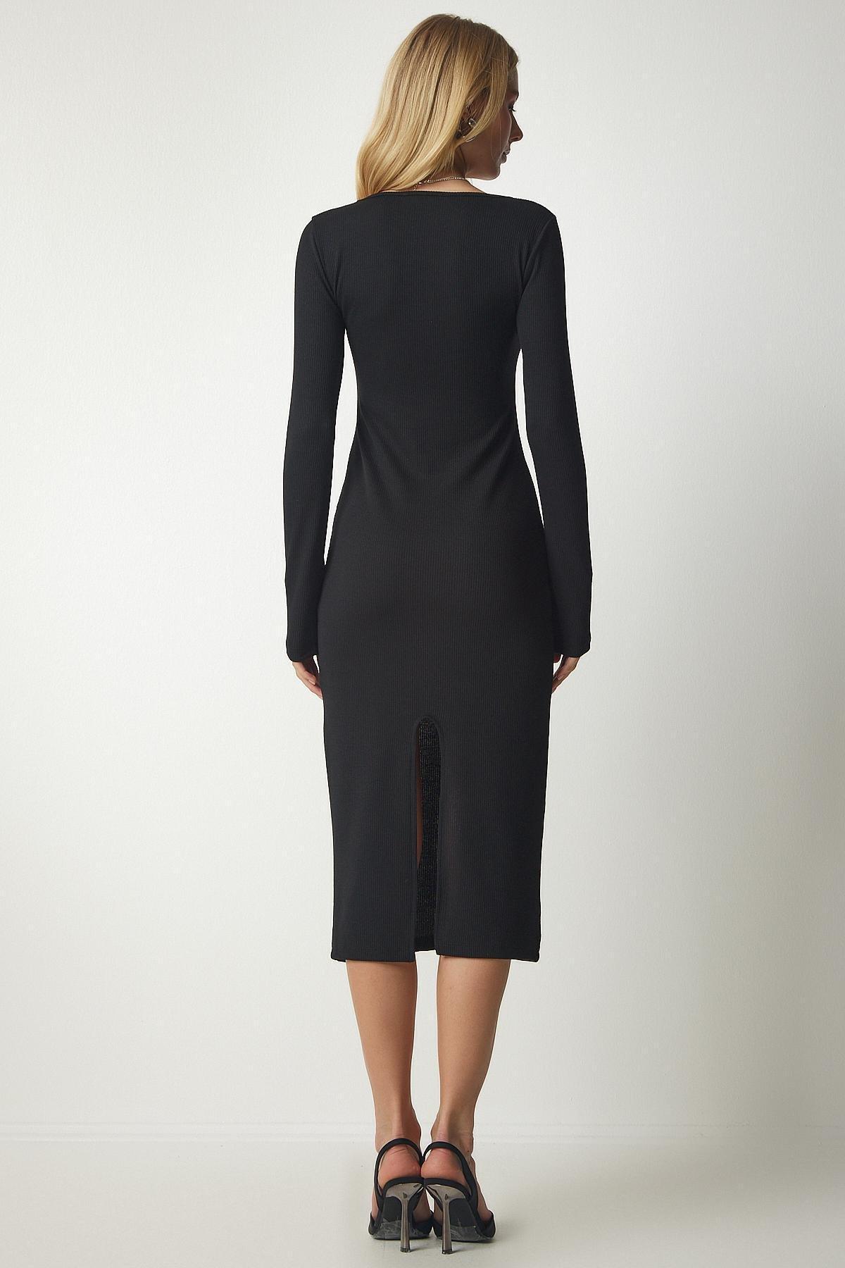 فستان متوسط الطول بحمالات وفتحة رقبة U عميقة، أسود, BLACK, large image number 4