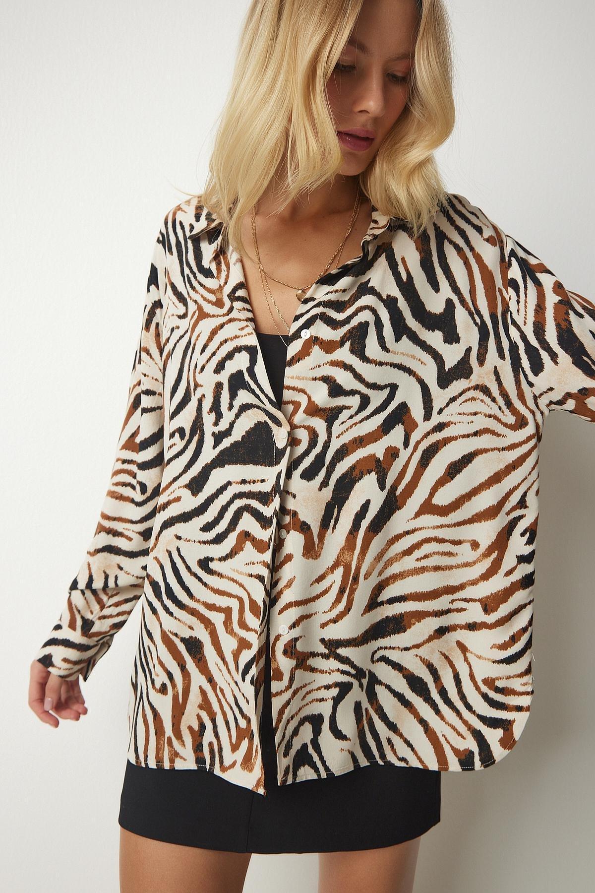 Multicolour Patterned Oversized Viscose Shirt, , large image number 1