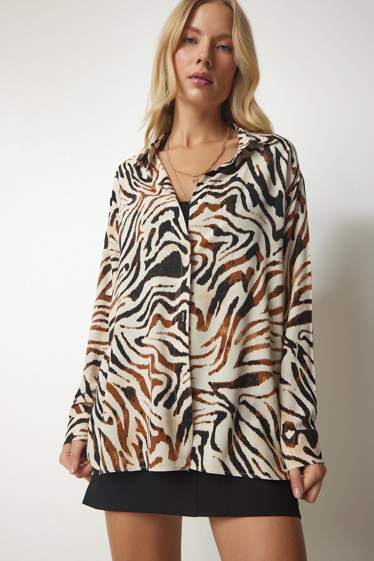 Happiness Istanbul - Multicolour Patterned Oversized Viscose Shirt
