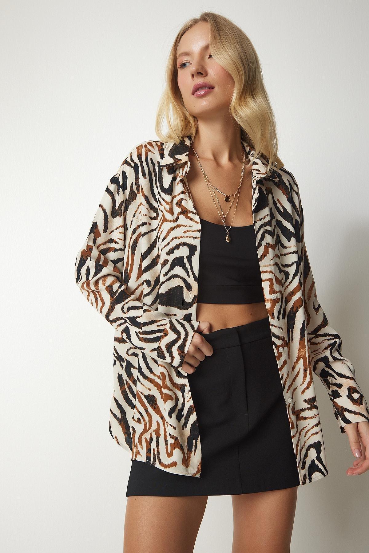 Multicolour Patterned Oversized Viscose Shirt, , large image number 4