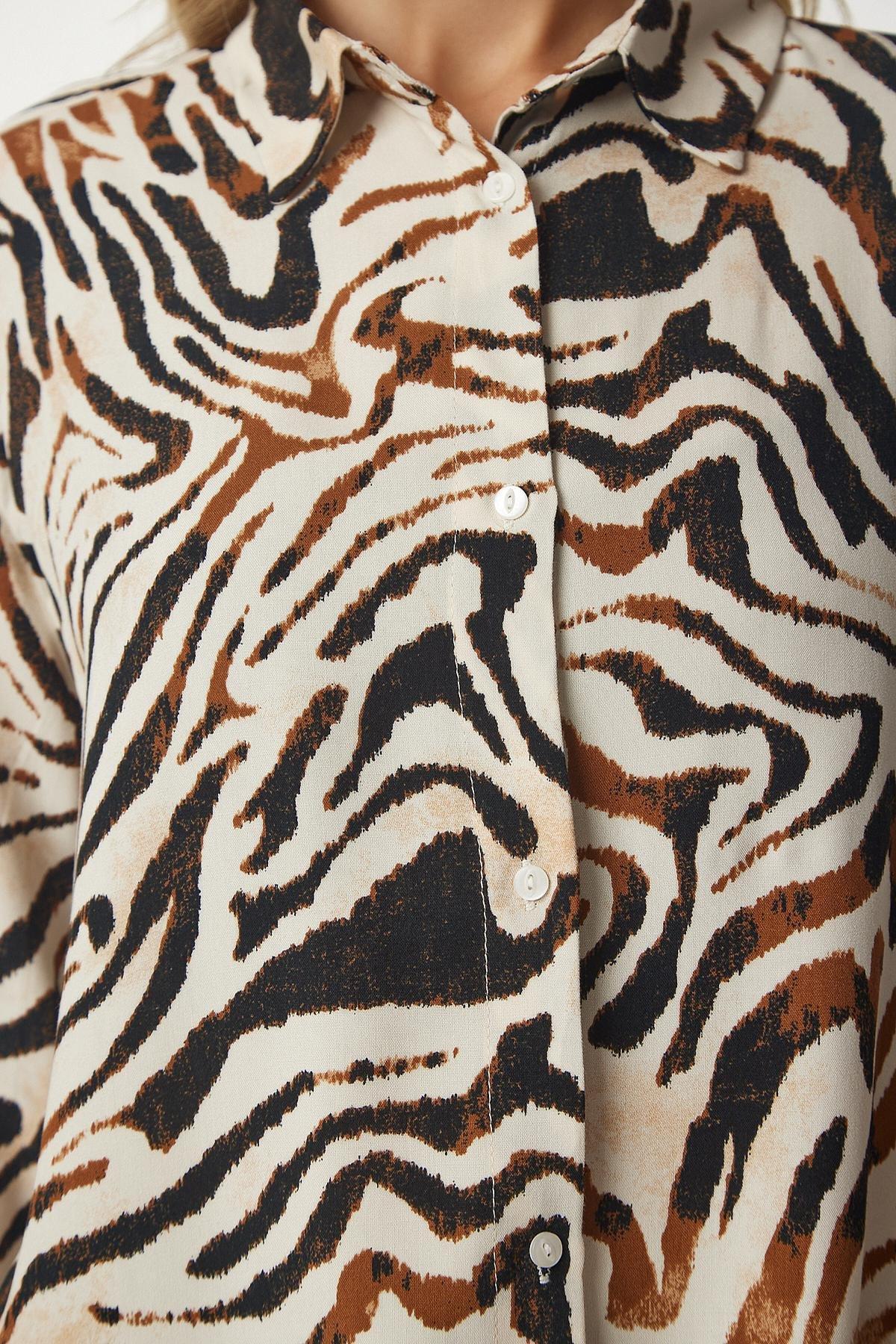 Multicolour Patterned Oversized Viscose Shirt, , large image number 6