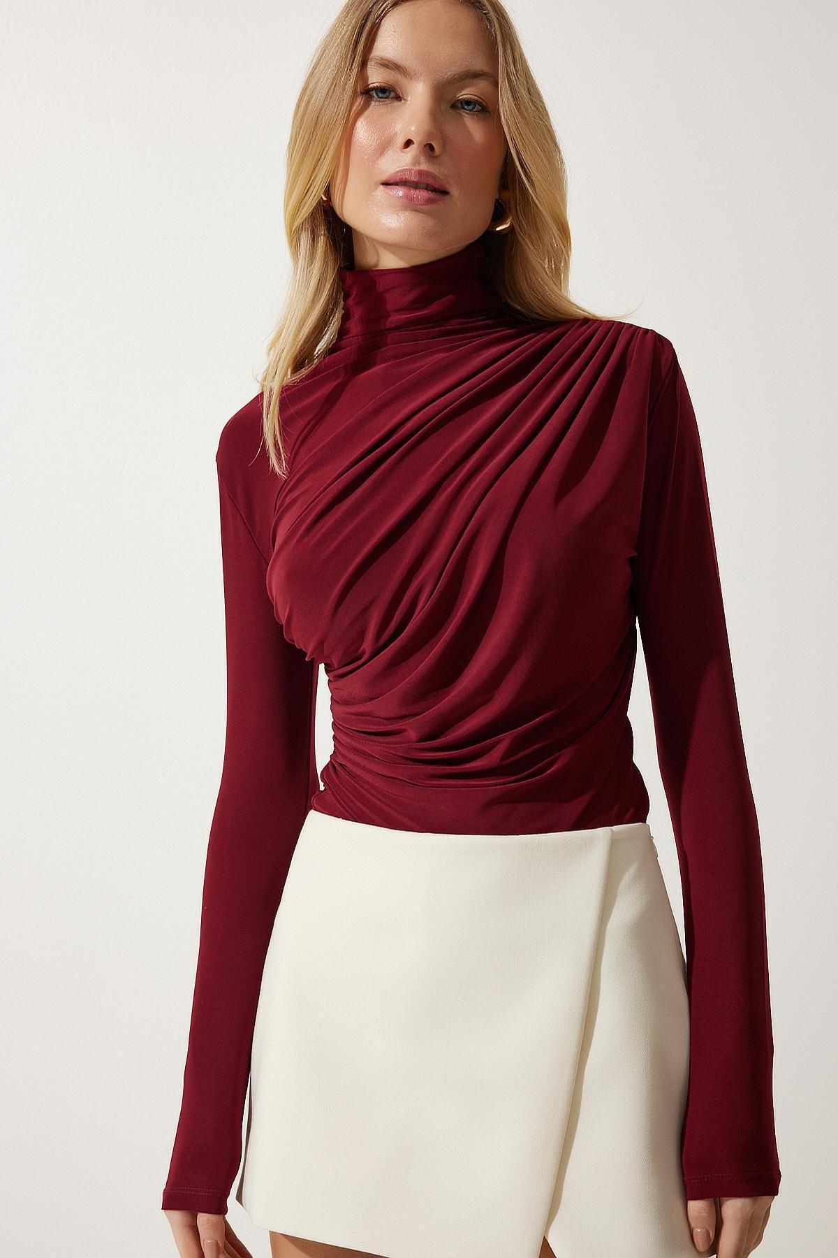 Burgundy Gathered Detailed High Neck Blouse, , large image number 1