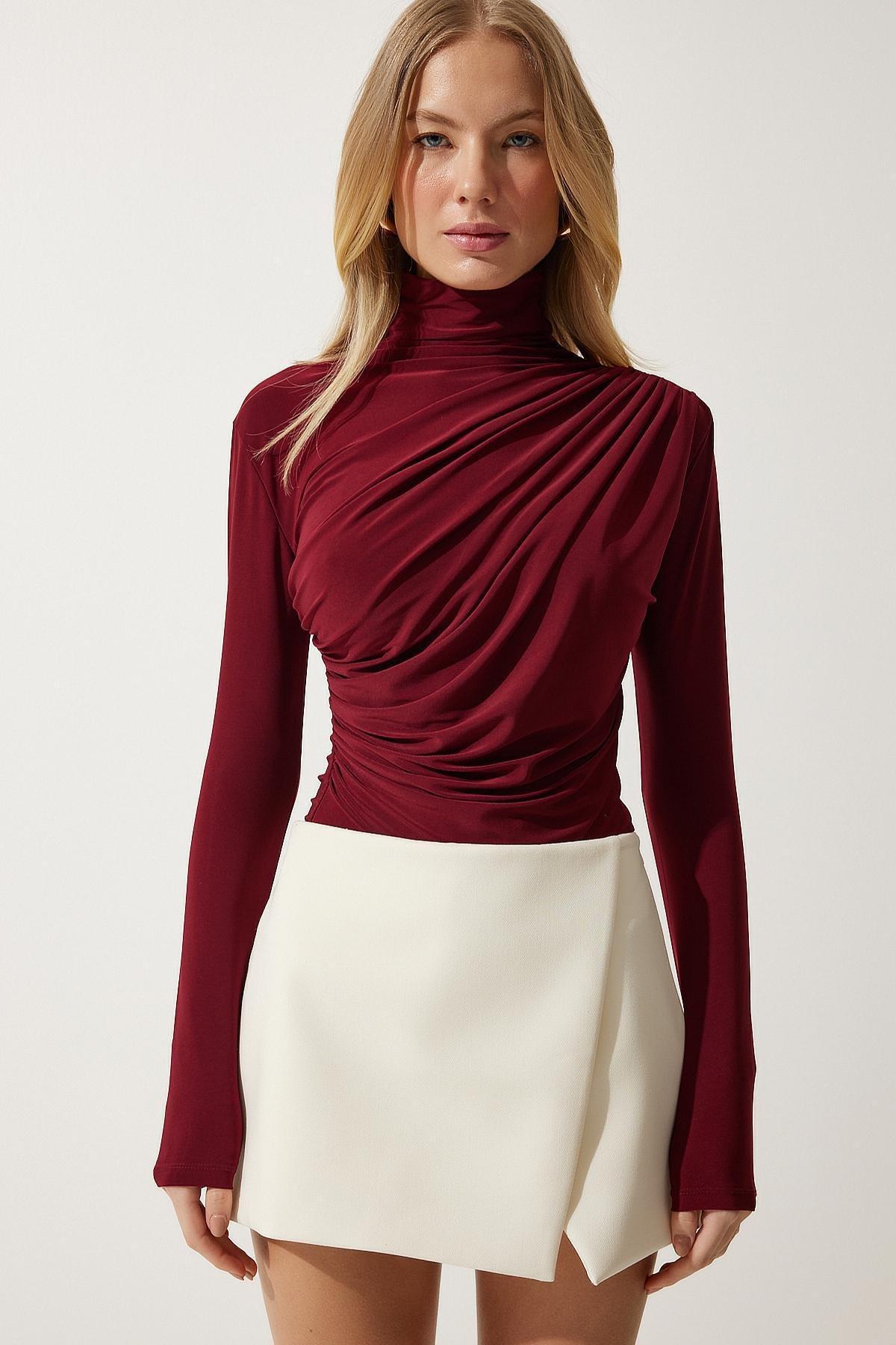 Burgundy Gathered Detailed High Neck Blouse, , large image number 2