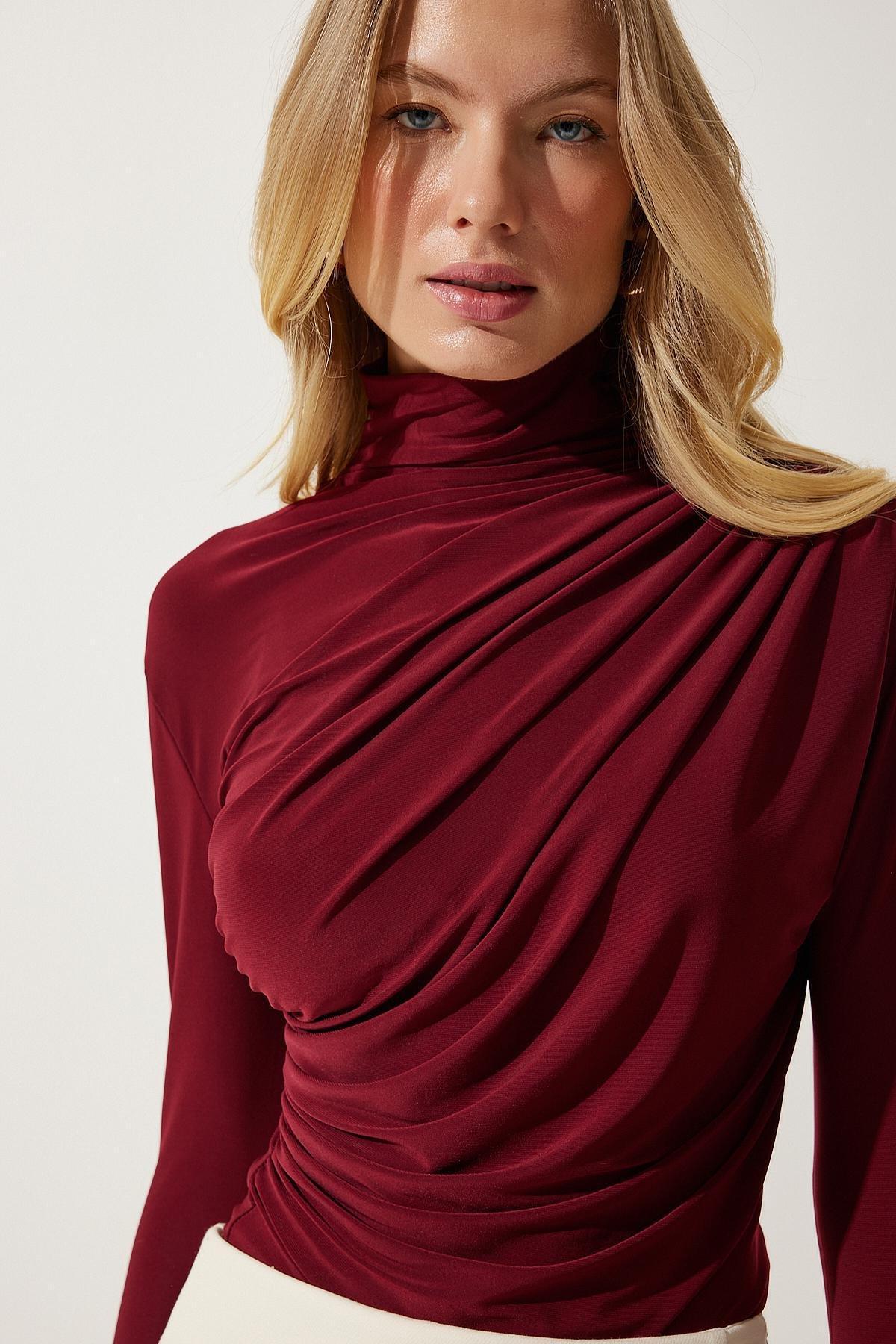 Burgundy Gathered Detailed High Neck Blouse, , large image number 3