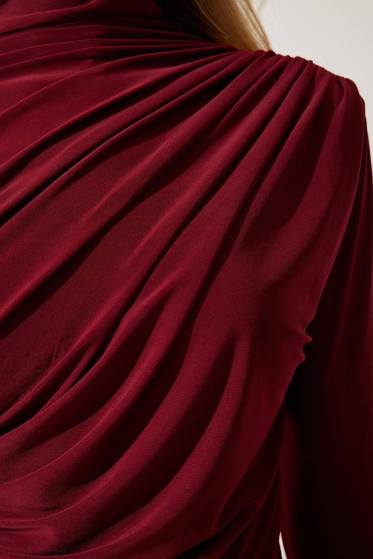 Burgundy Gathered Detailed High Neck Blouse, , large image number 4