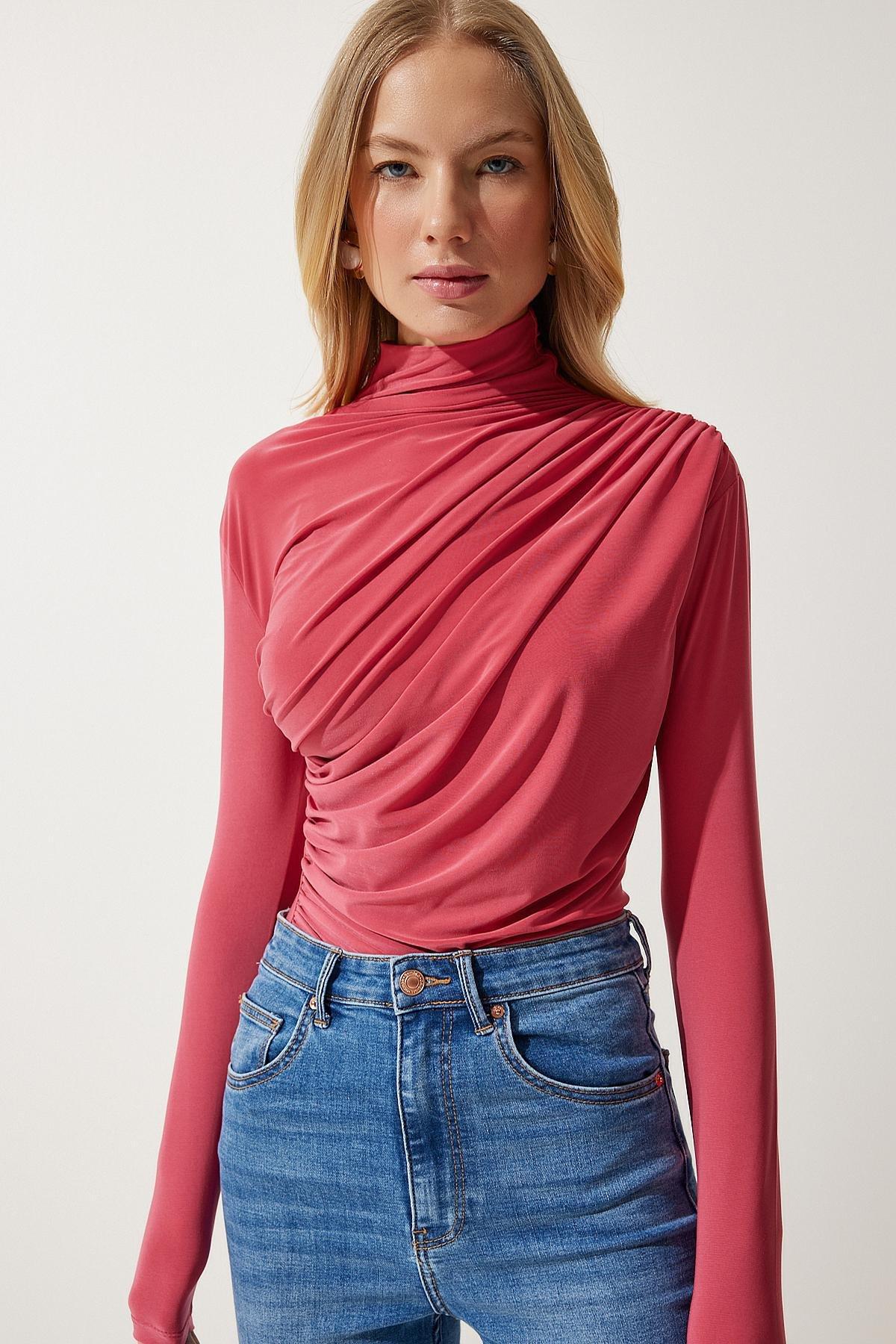 Pink Gathered Detailed High Neck Blouse, C101_1492, large image number 0
