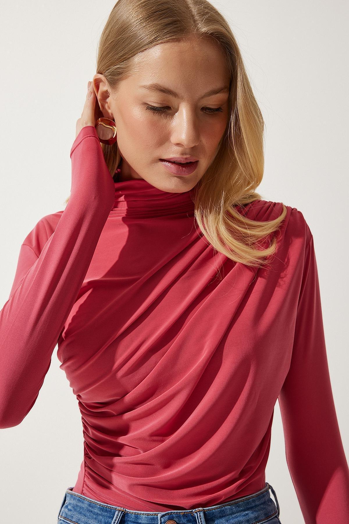 Pink Gathered Detailed High Neck Blouse, C101_1492, large image number 2