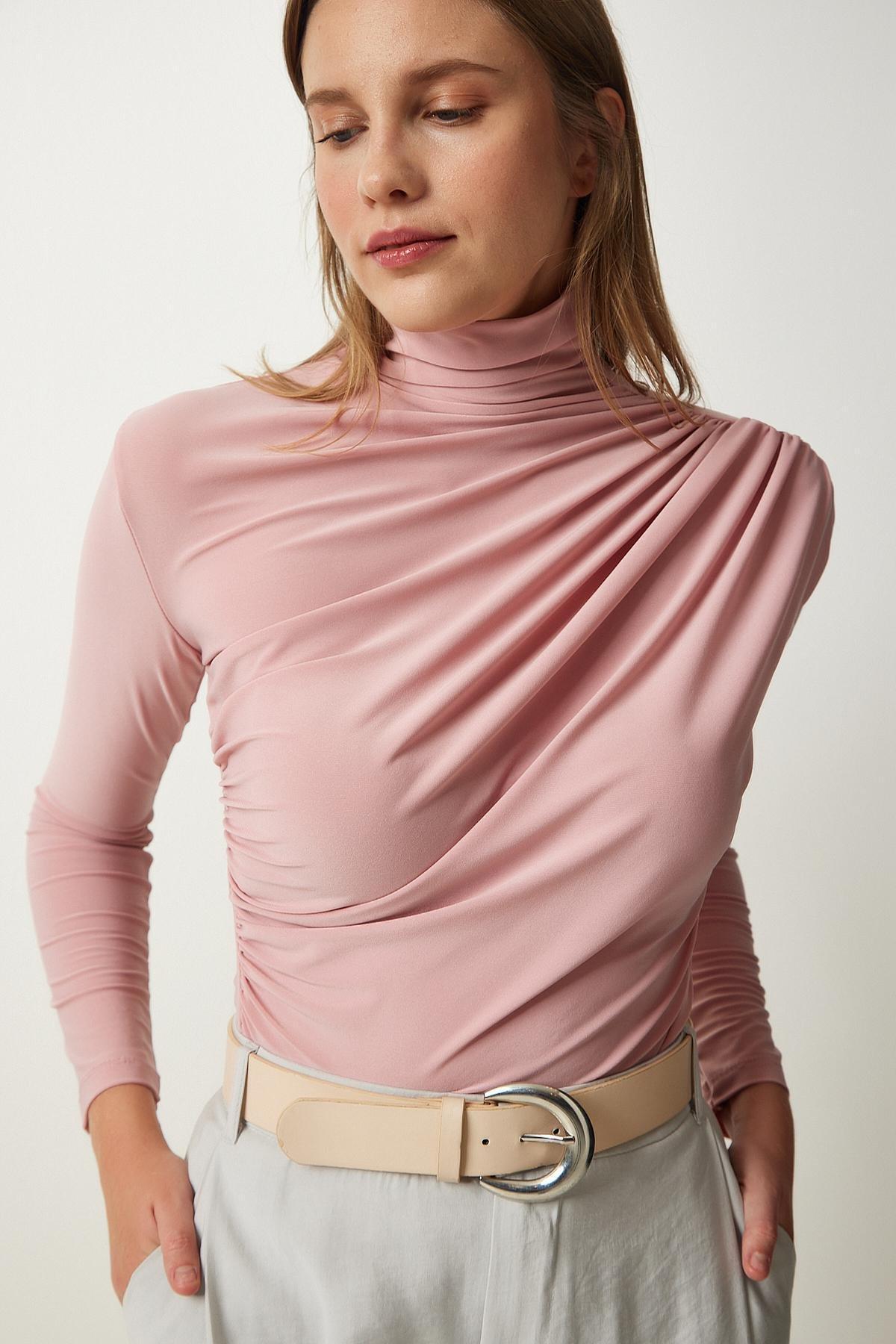 Pink Ruffle Detailed High Collar Blouse, , large image number 0