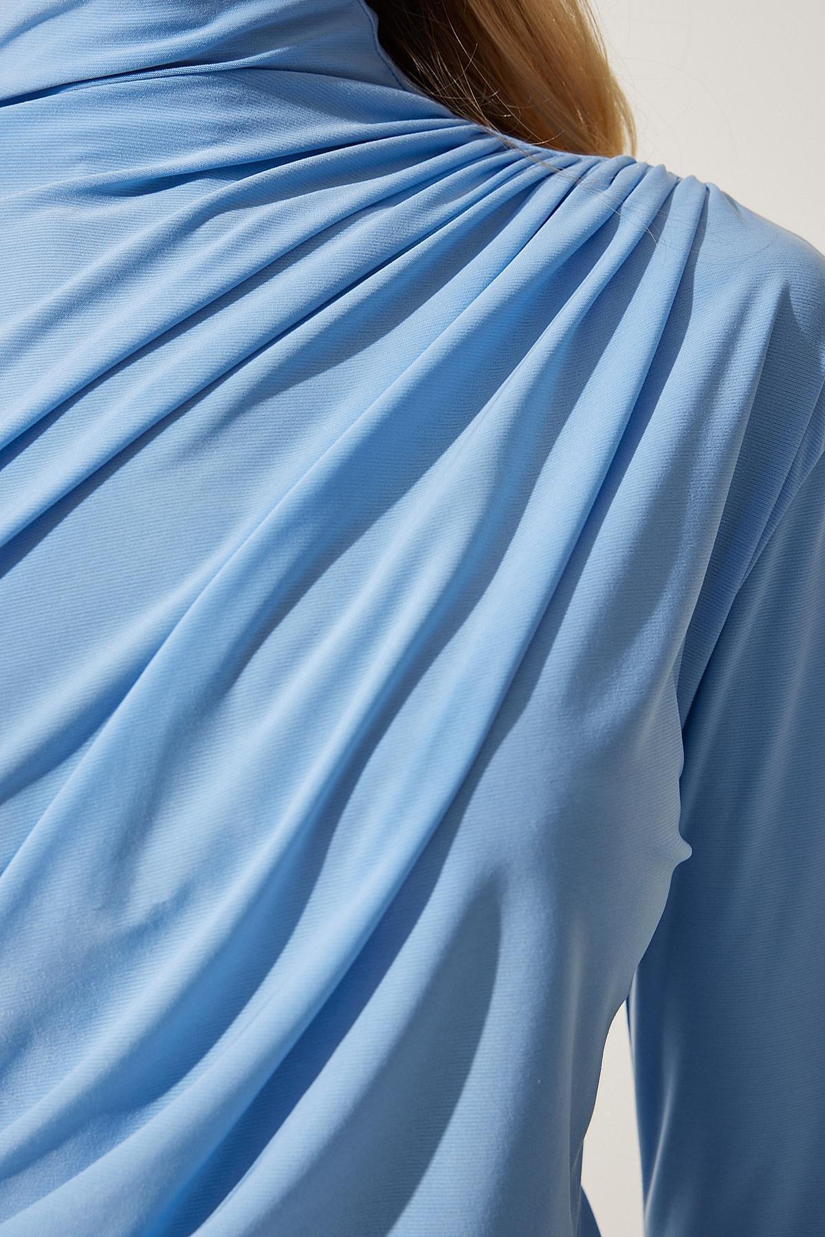 Blue Gathered Detailed High Neck Blouse, SKY BLUE, large image number 4