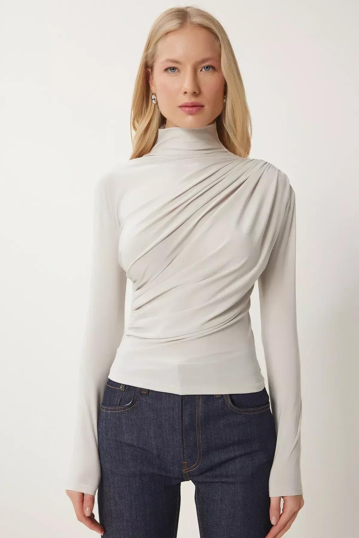 Gathered Detailed Ruched Blouse, STONE, large image number 2