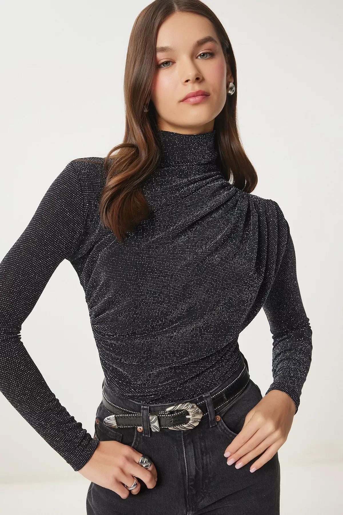 Black Grey Drawstring Sandy Blouse, , large image number 0