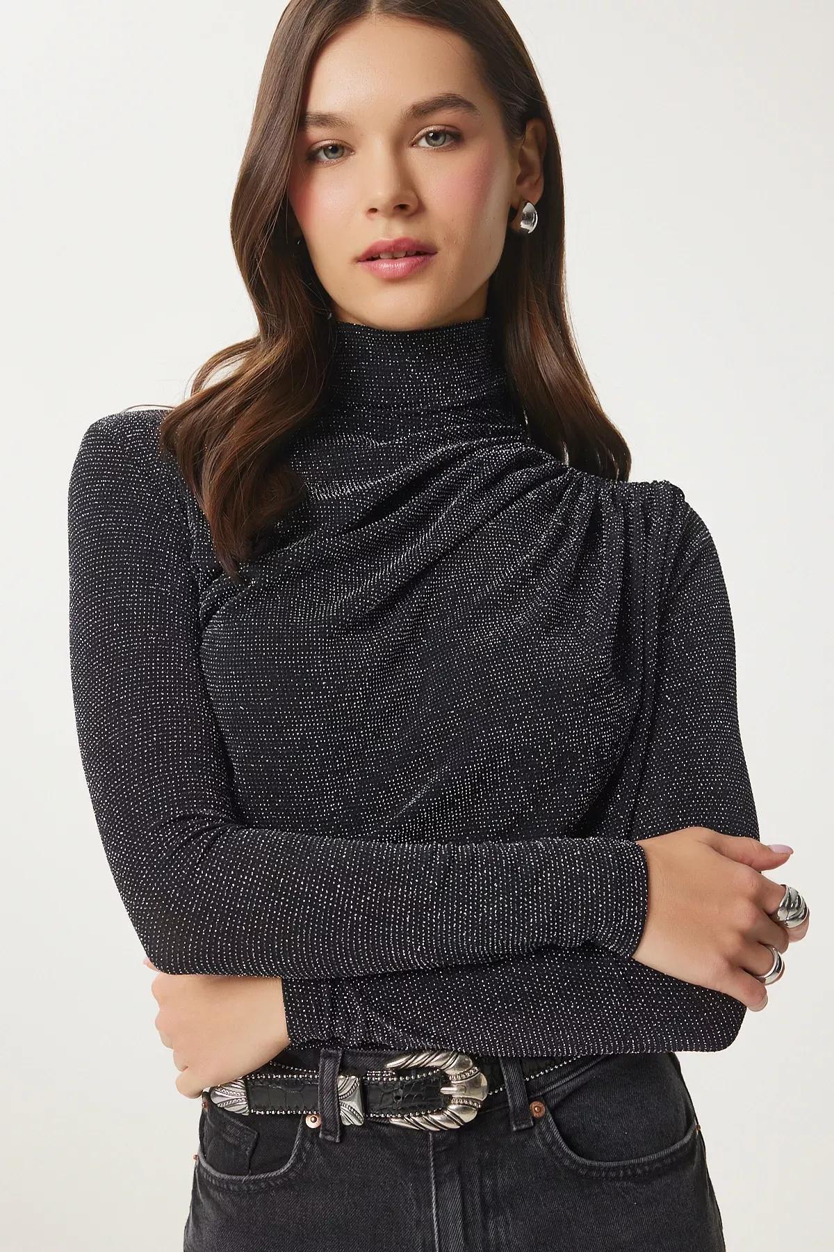 Black Grey Drawstring Sandy Blouse, , large image number 1