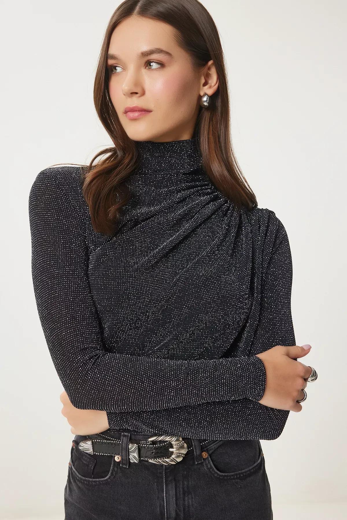 Black Grey Drawstring Sandy Blouse, , large image number 2