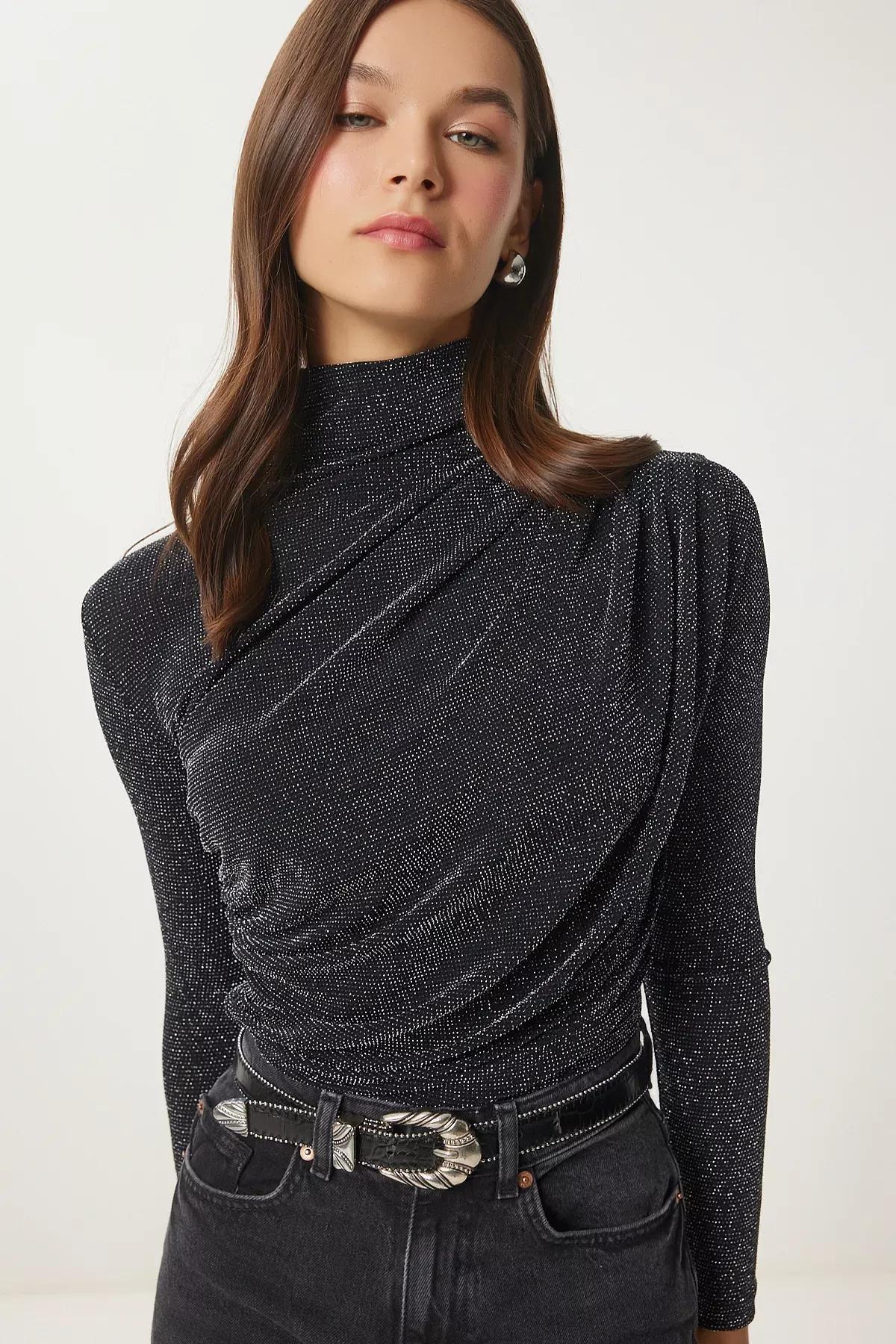 Black Grey Drawstring Sandy Blouse, , large image number 3