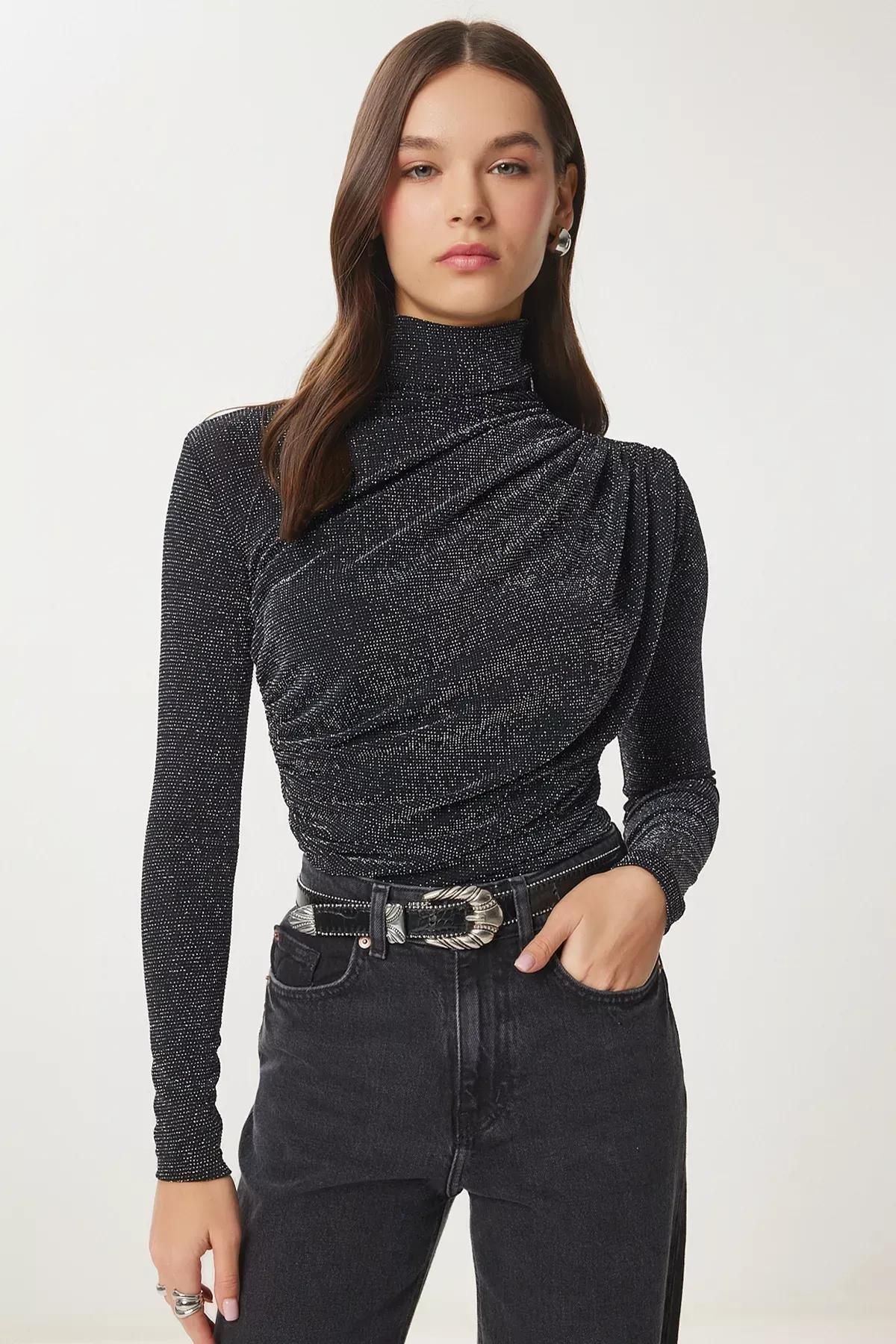 Black Grey Drawstring Sandy Blouse, , large image number 4