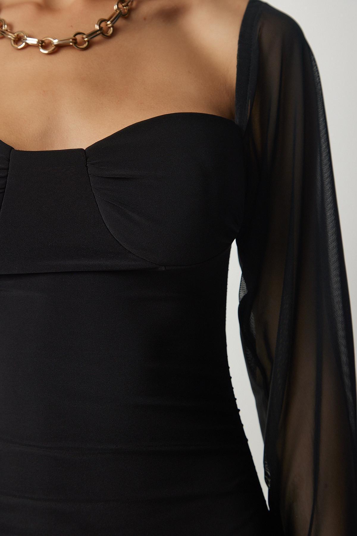 Black Long Tulle Sleeve Detailed Gathered Dress, , large image number 3