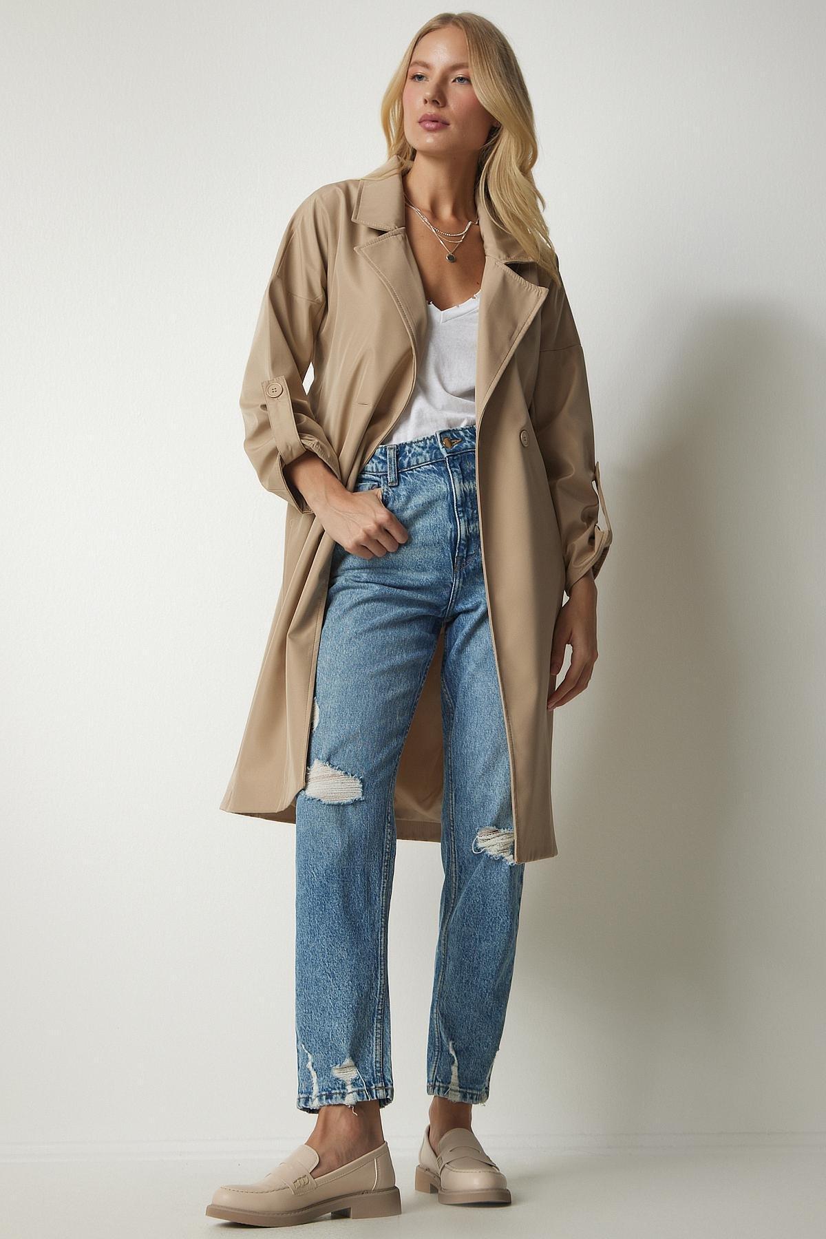 Happiness Istanbul - Beige Belted Seasonal Trench Coat