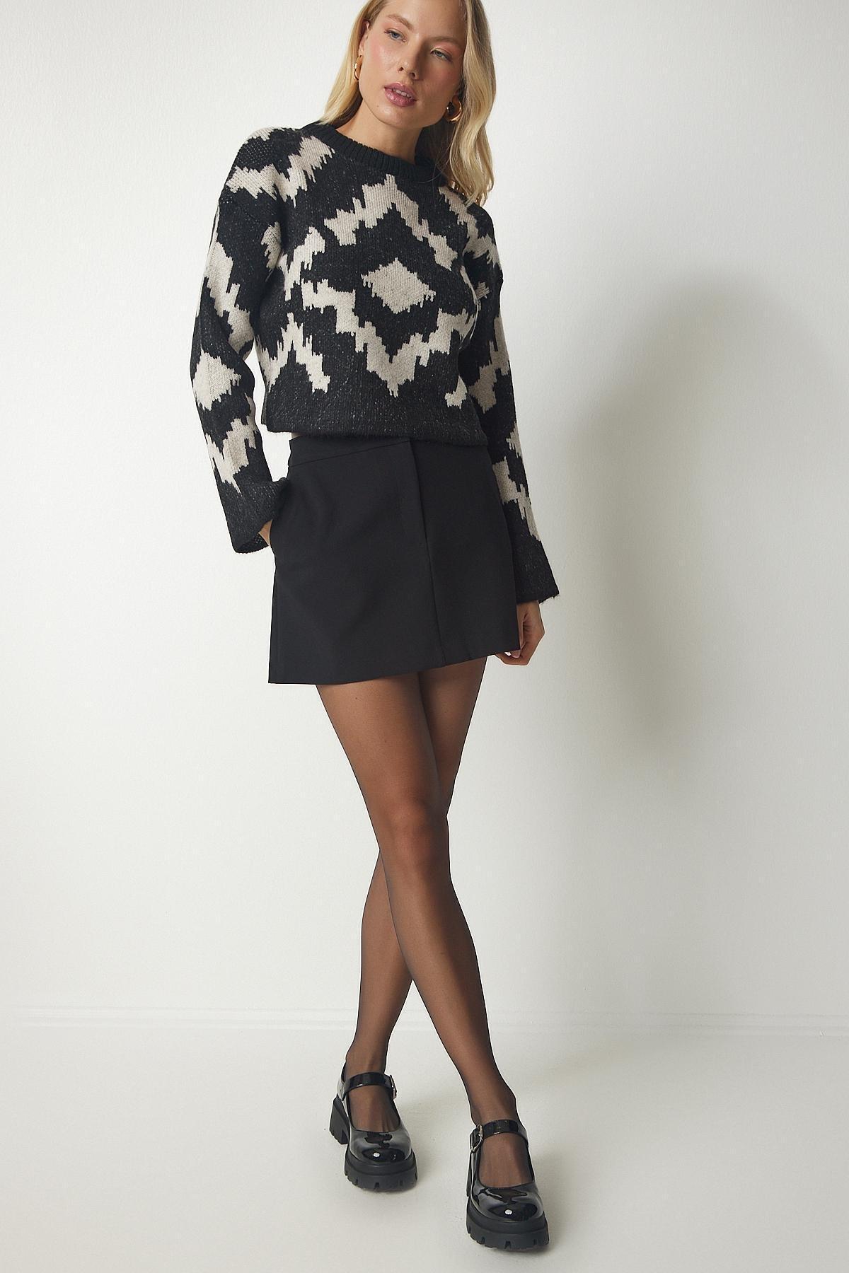 سترة مُحاكة بنمط منقوش، ألوان متعددة, Black Beige, large image number 0