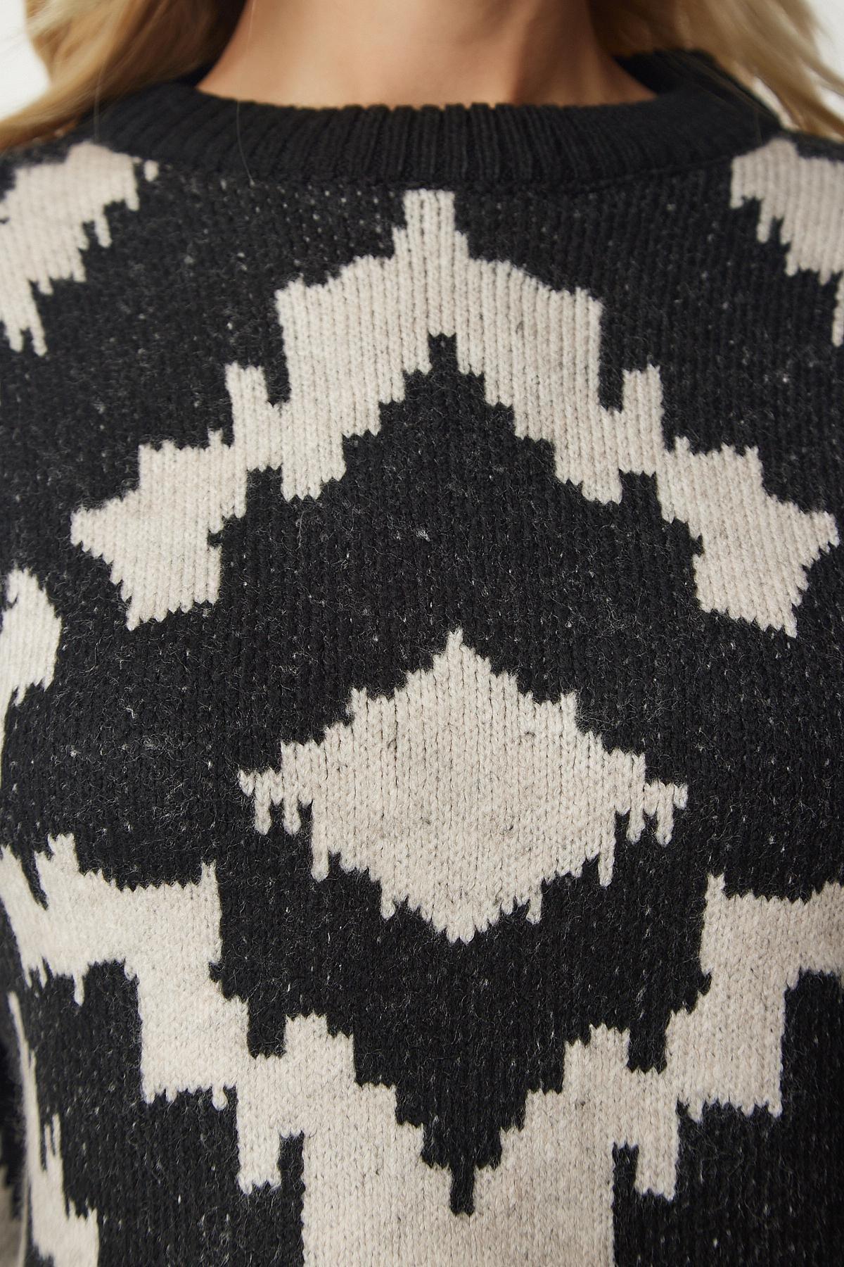 سترة مُحاكة بنمط منقوش، ألوان متعددة, Black Beige, large image number 3