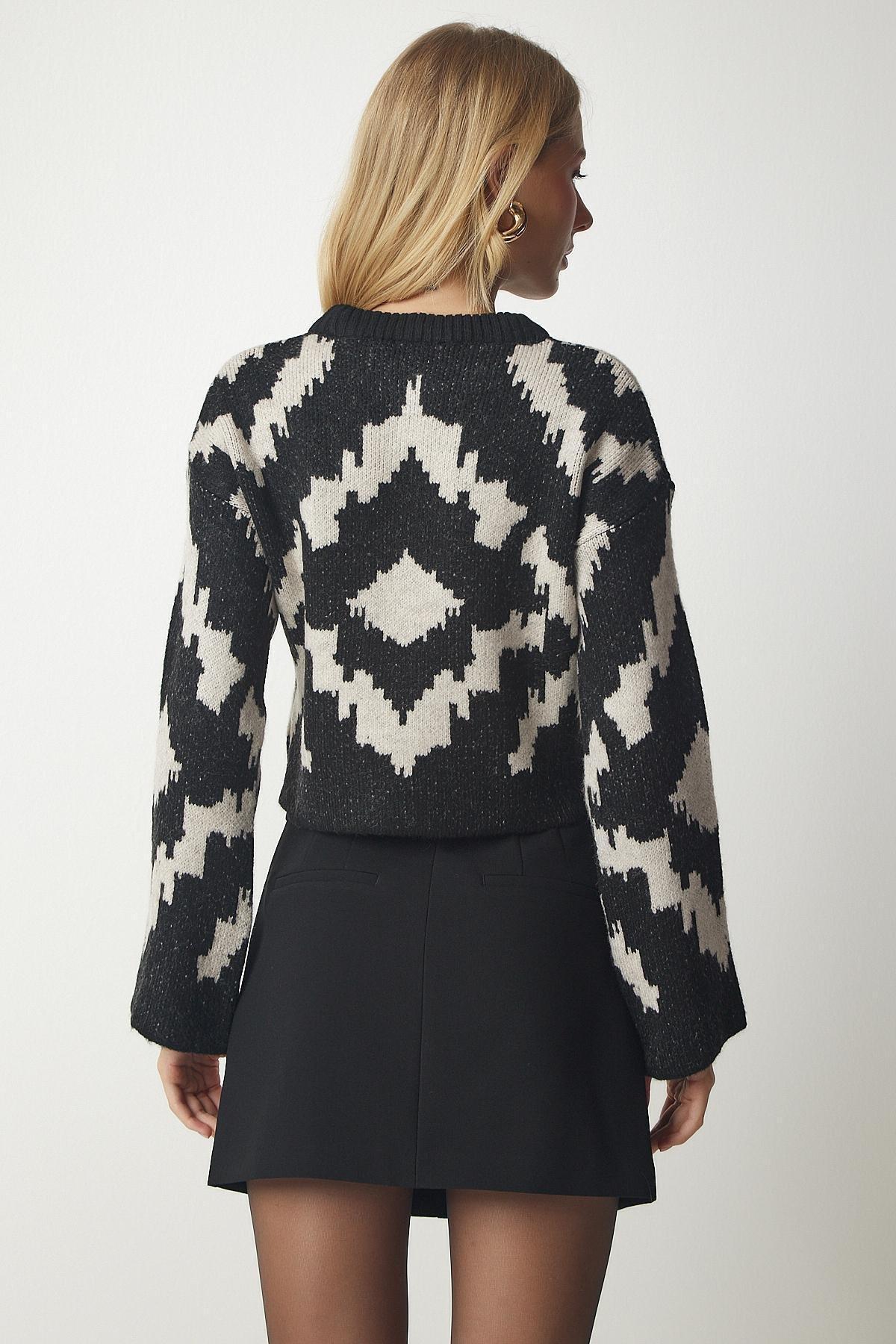 سترة مُحاكة بنمط منقوش، ألوان متعددة, Black Beige, large image number 4