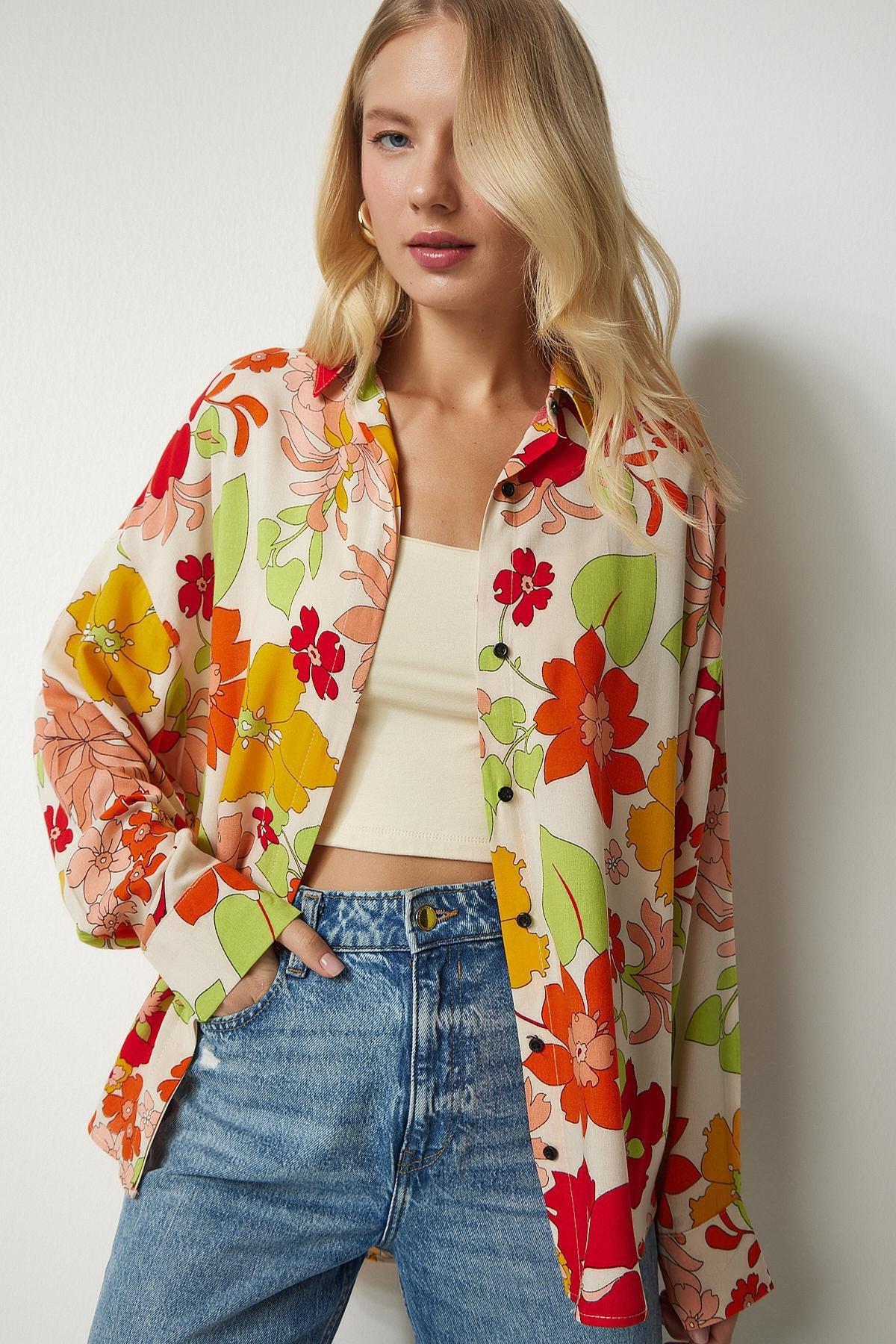 Cream Patterned Oversized Flowy Viscose Shirt, , large image number 0