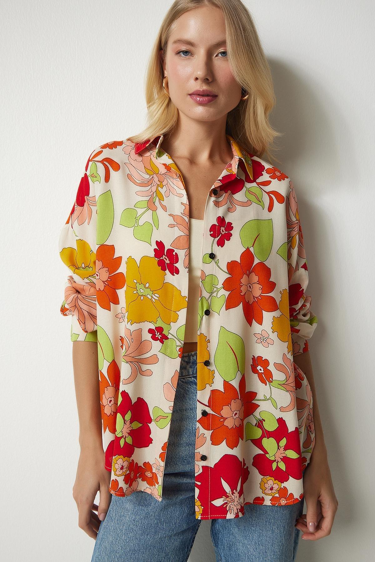 Cream Patterned Oversized Flowy Viscose Shirt, , large image number 1