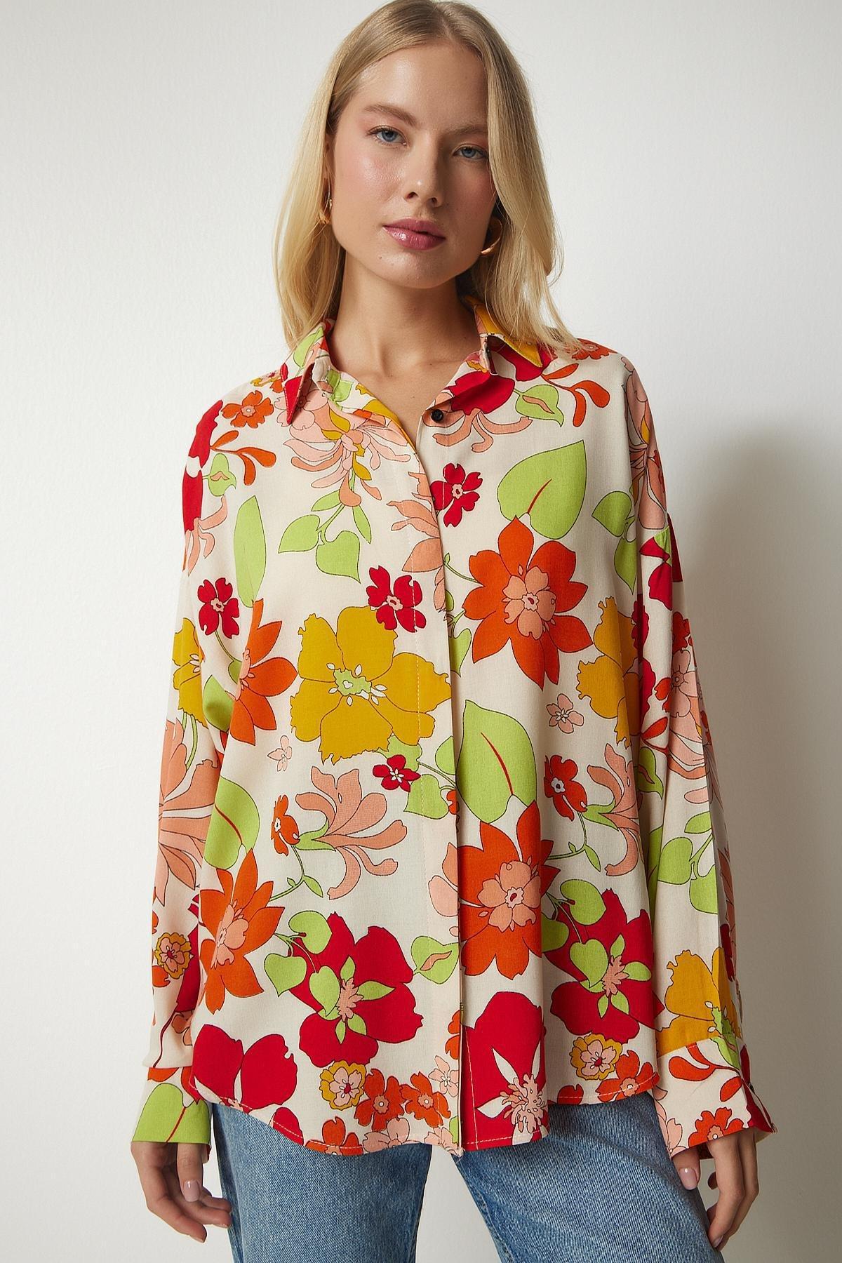 Cream Patterned Oversized Flowy Viscose Shirt, , large image number 2