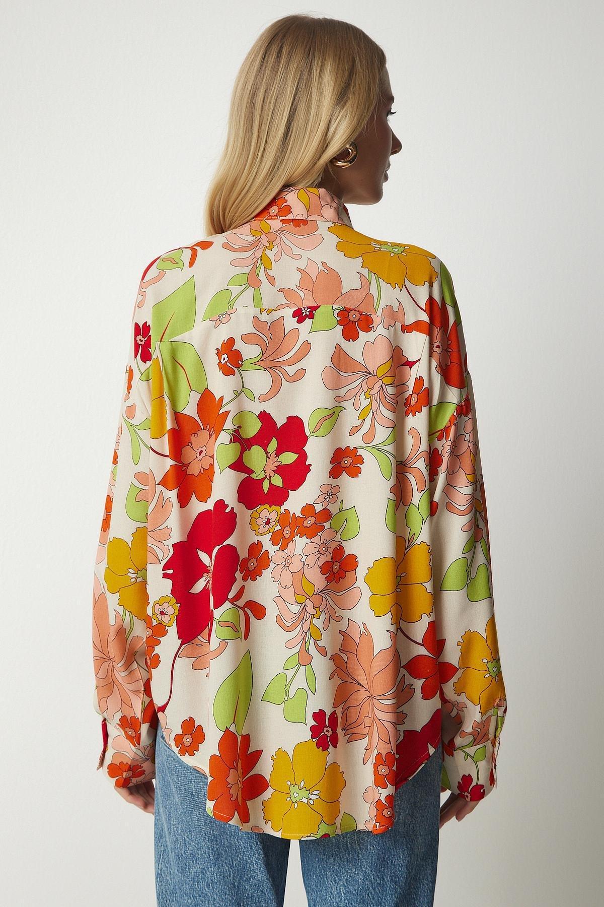 Cream Patterned Oversized Flowy Viscose Shirt, , large image number 4