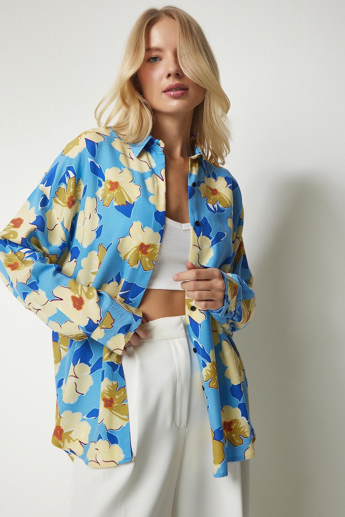 Multicolour Patterned Oversized Flowy Viscose Shirt, , large image number 0