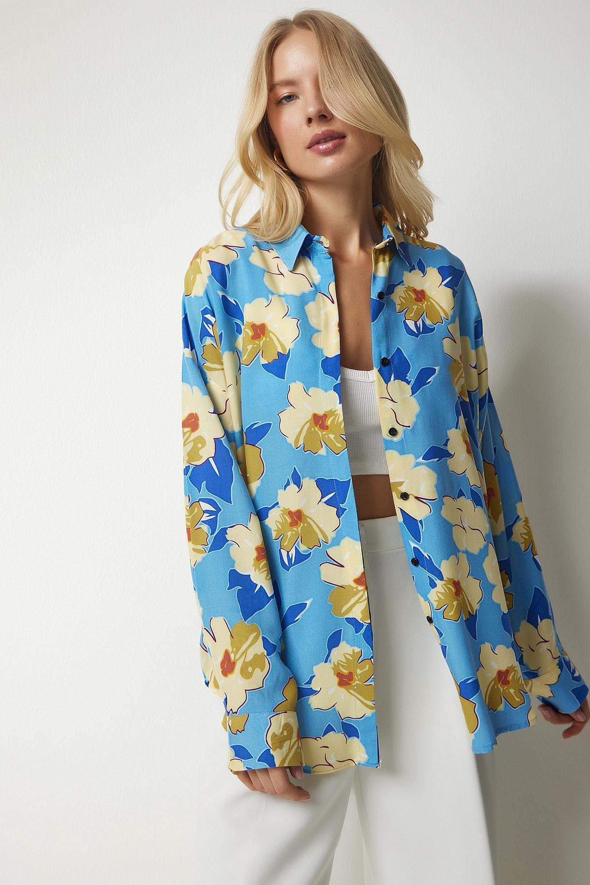 Multicolour Patterned Oversized Flowy Viscose Shirt, , large image number 1