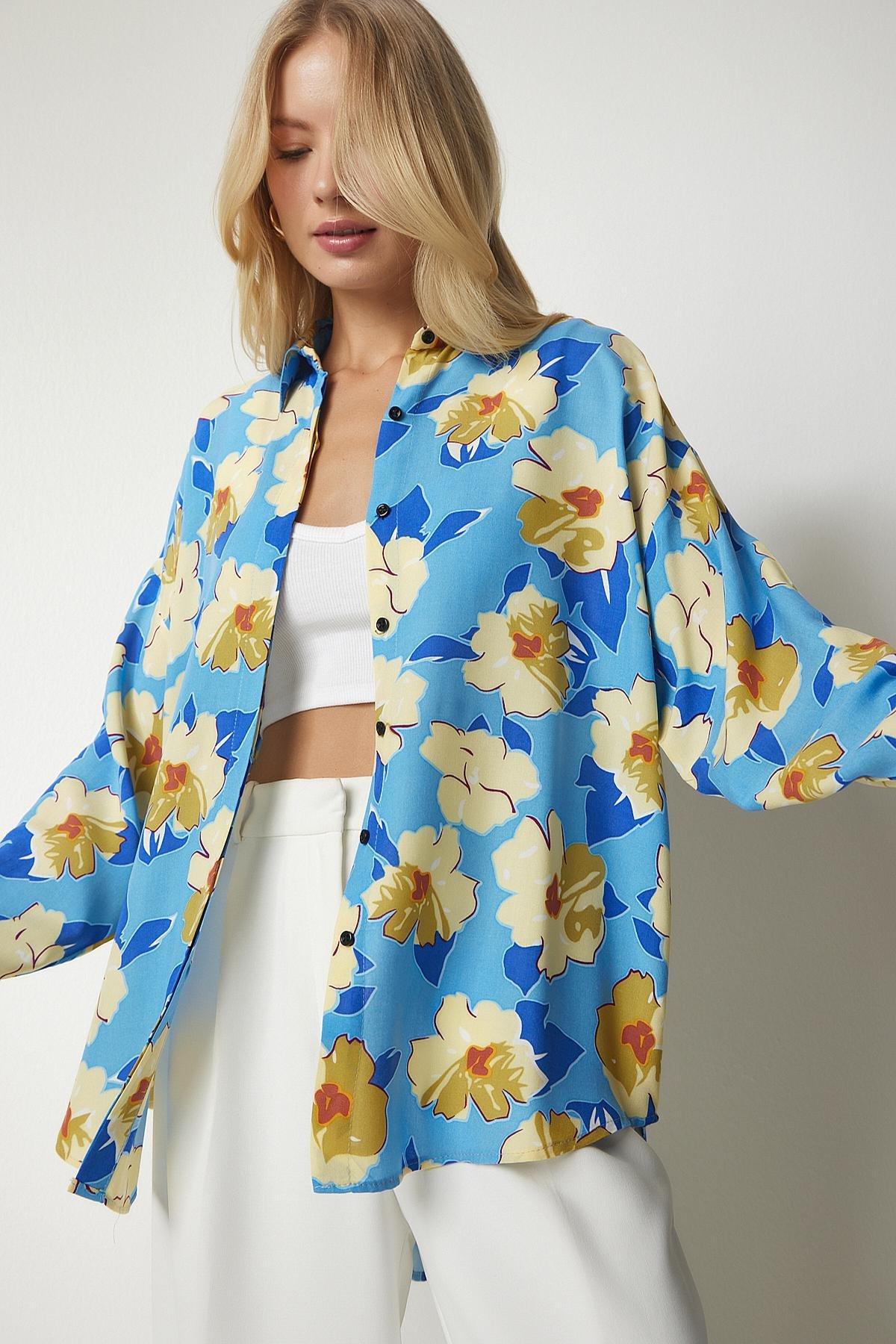Multicolour Patterned Oversized Flowy Viscose Shirt, , large image number 2