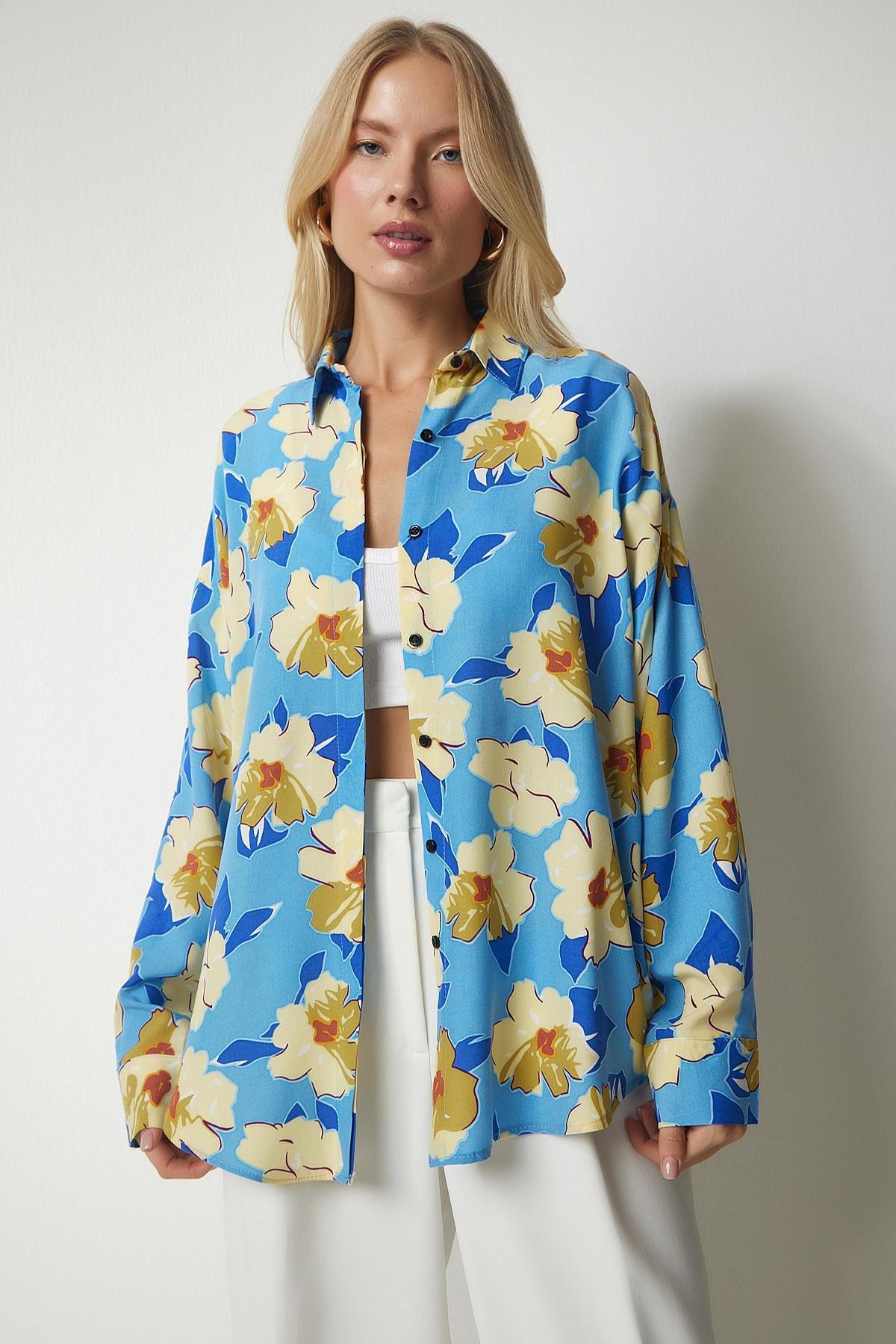 Multicolour Patterned Oversized Flowy Viscose Shirt, , large image number 3