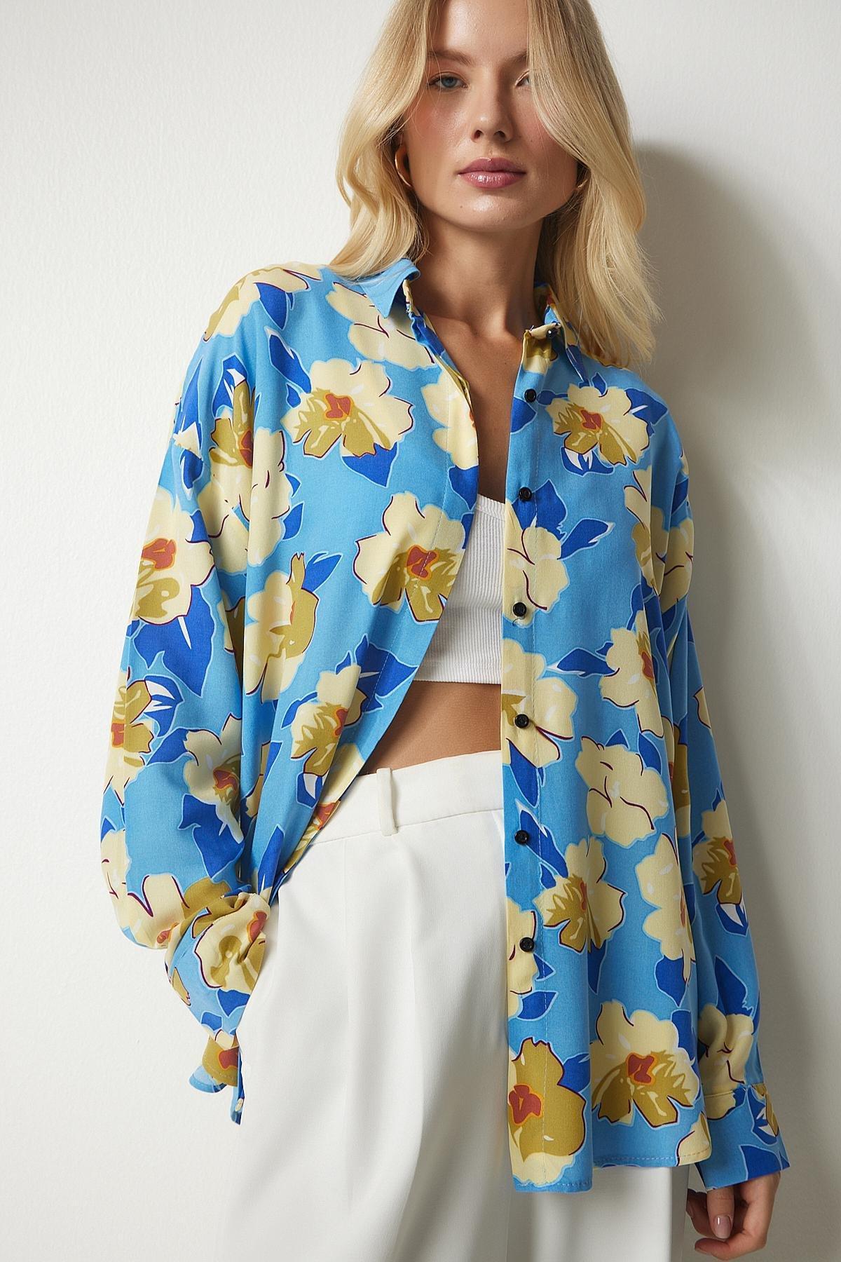 Multicolour Patterned Oversized Flowy Viscose Shirt, , large image number 4