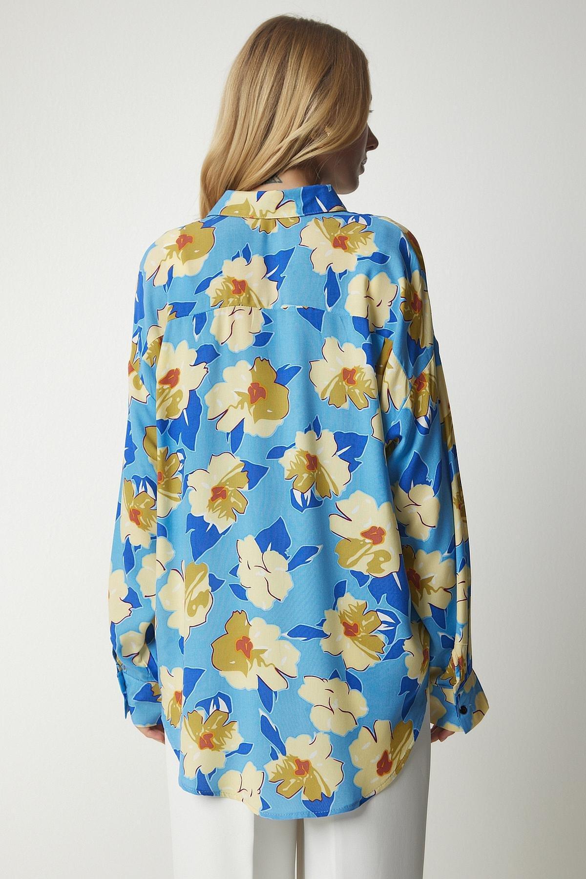 Multicolour Patterned Oversized Flowy Viscose Shirt, , large image number 6